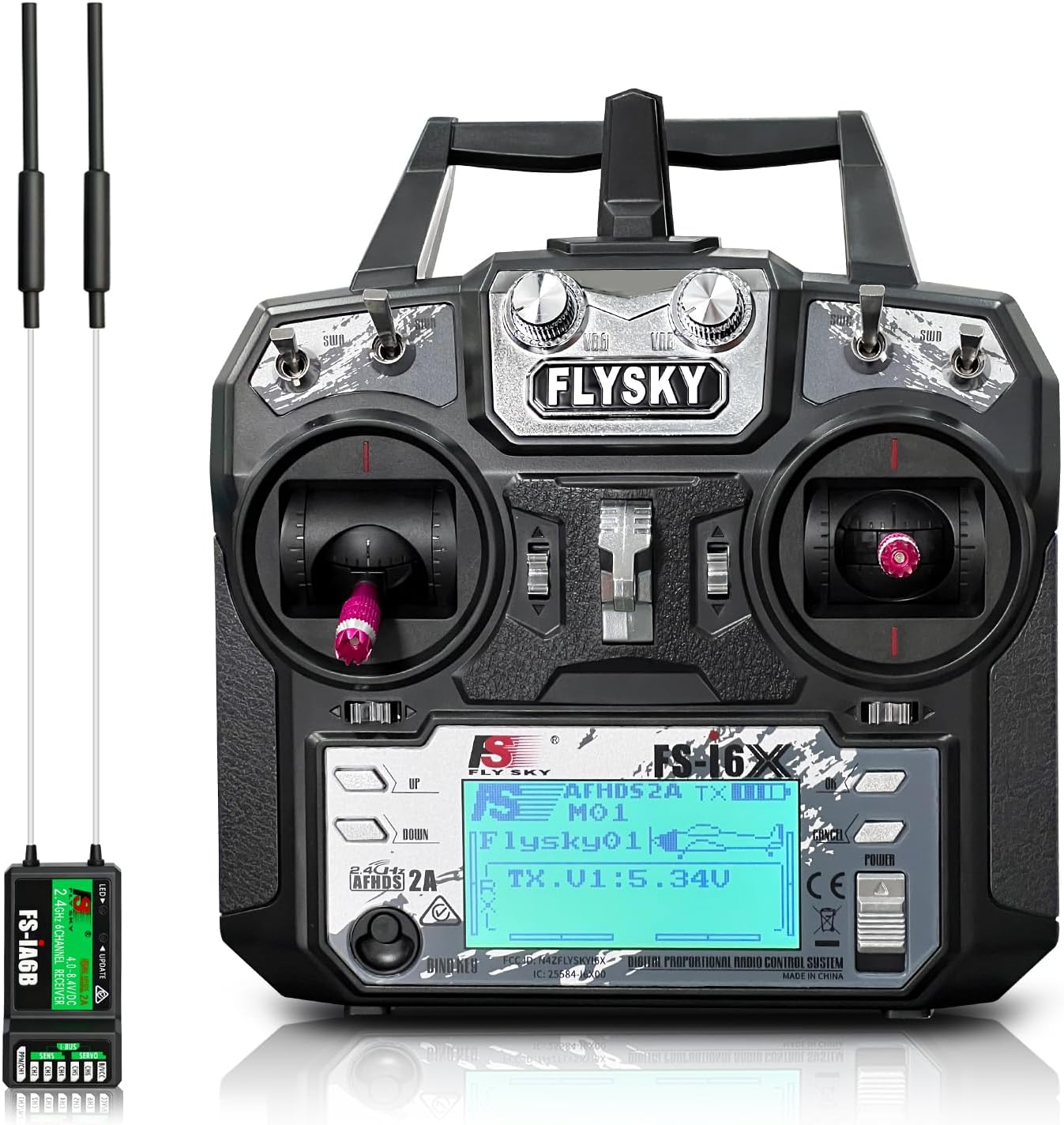 HAWK'S WORK Flysky Fs-I6X 10Ch Transmitter with Fs-Ia6B Receiver, 2.4Ghz RC Controller for RC Car Boat Airplane Helicopter Drone Robot & Construction Vehicle (Mode 2)