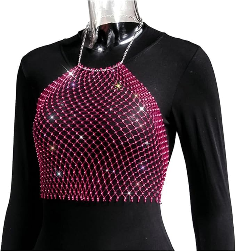 Women See through Mesh Diamond Tank Tops Hollow Out Beach Cover up Crop Tops for Rave Festival image number 4
