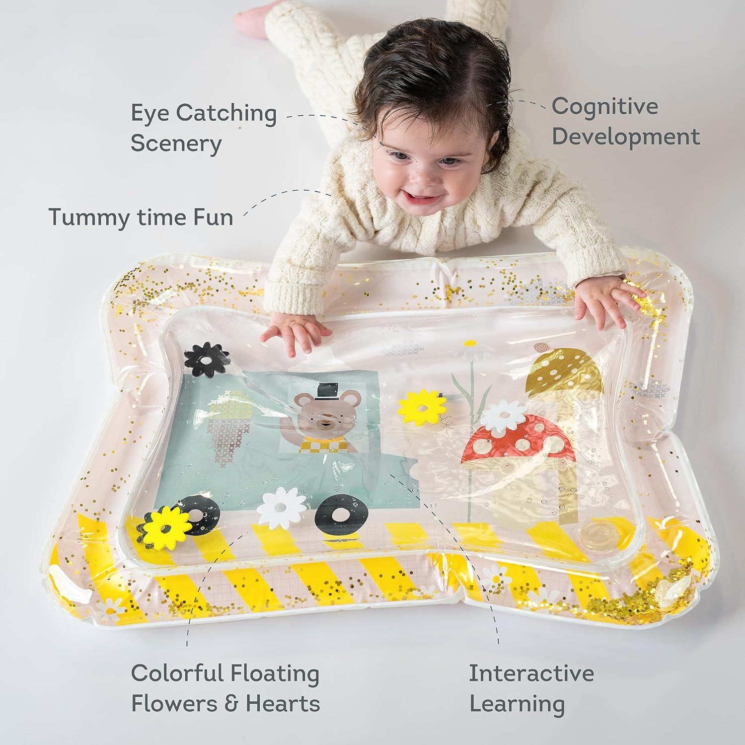 Taf Toys Ice Cream Bear Water Mat &ndash; Tummy Time Sensory Play Mat for Babies 3+ Months. XL Size 66X50Cm. Floating Toys & Glitter. Muscle Development & Multi-Sensory Fun image number 2