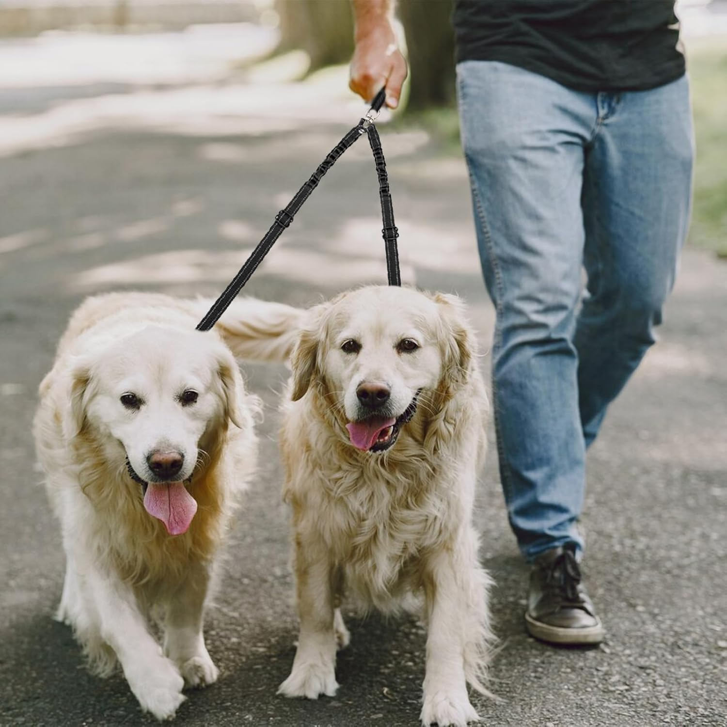 Double Dog Lead Coupler, No Tangle 360&deg;Swivel Rotation with 2 Splitter, Heavy Duty Dog Leash Coupler Adjustable Shock Absorbing Bungee Reflective Dual Lead for Puppy Small Medium Dogs image number 5