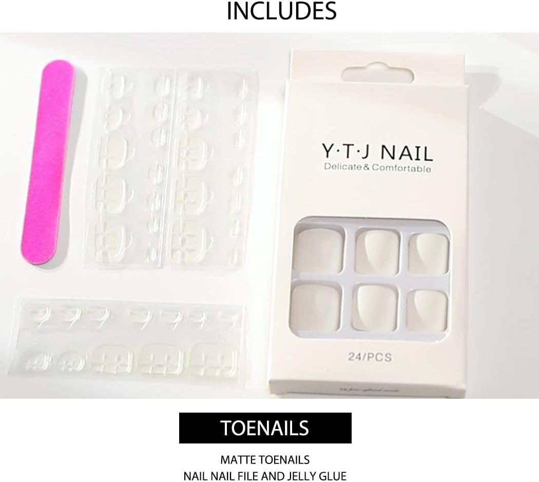 Outyua Solid Square Fake Toenails Matte Press on Toe Nails Short Acrylic False Toes Nails Cute Artificial Beach Full Cover Toenail White for Women 24 Pcs (White) image number 4