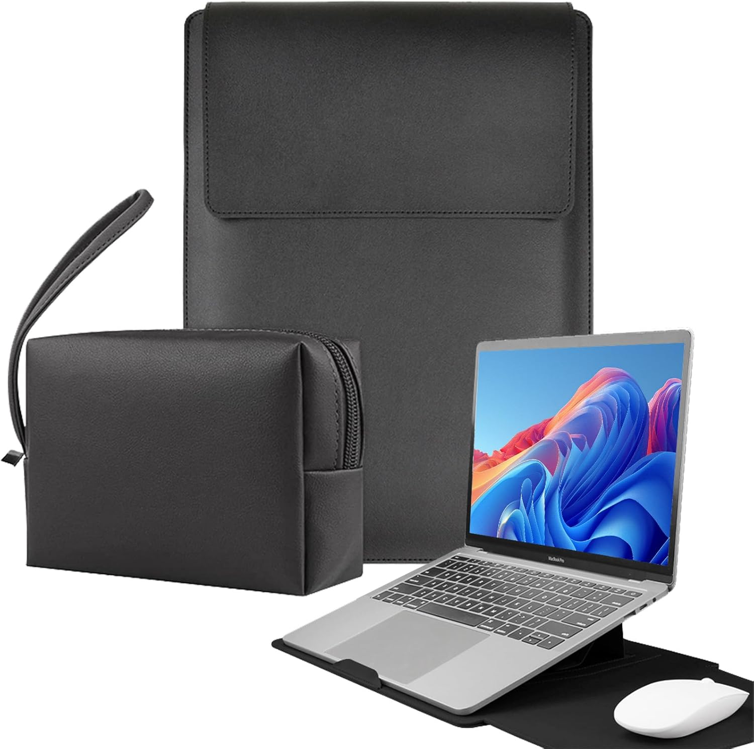 3-In-1 New Leather Laptop Sleeve Cover, with Stand Mouse Pad & Small Bag, Notebook Computer Protective Cover Slim Case for Macbook Air/Pro HP Dell ASUS Lenovo (13/14 Inch, Pink)