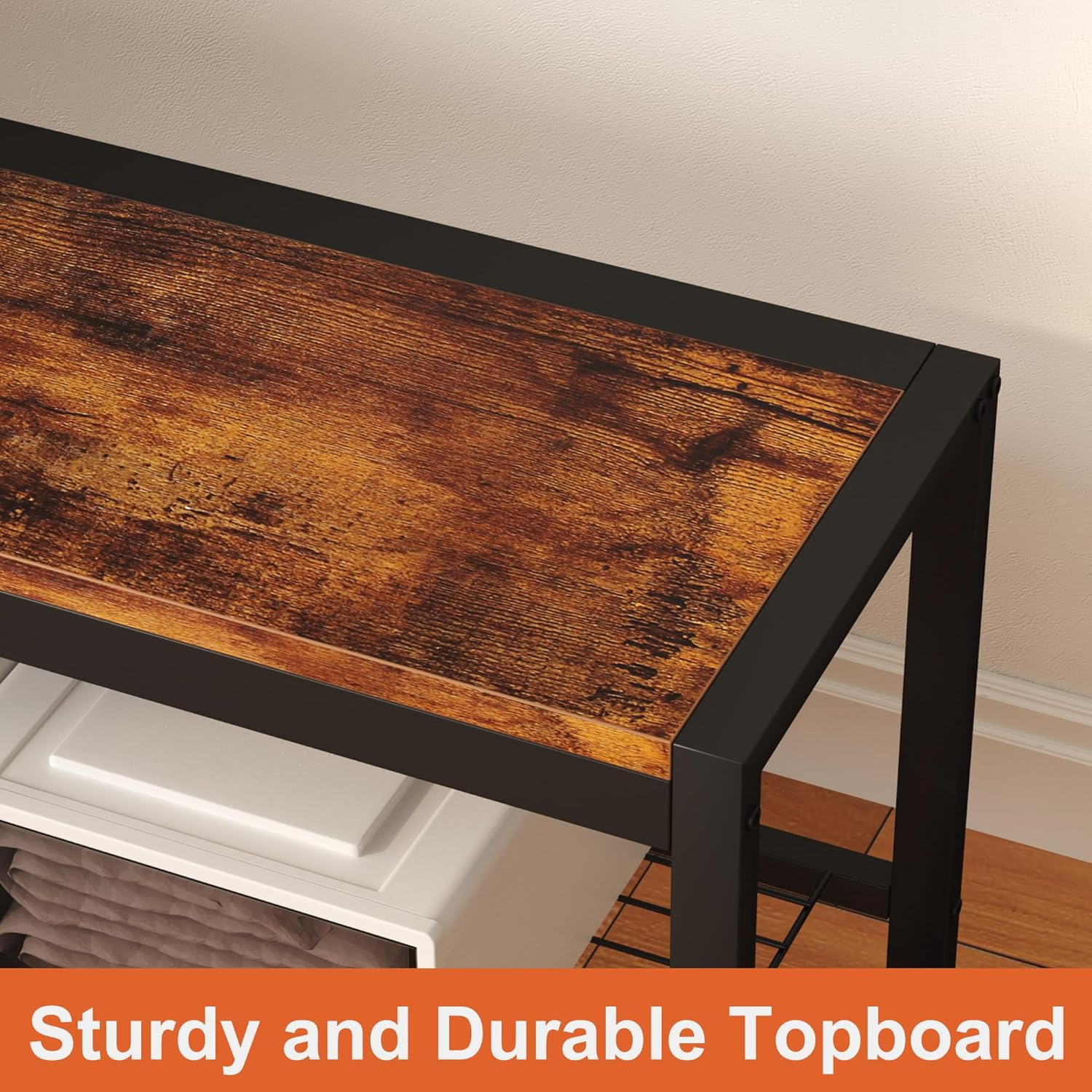 HOMEFORT Shoe Bench, Modern Industrial Shoe Storage Bench, Entryway Bench with Mesh Shelf and Sturdy Metal Frame, Metal Shoe Rack with Durable MDF Top for Hallway, Mudroom, Living Room, Rustic Brown image number 1