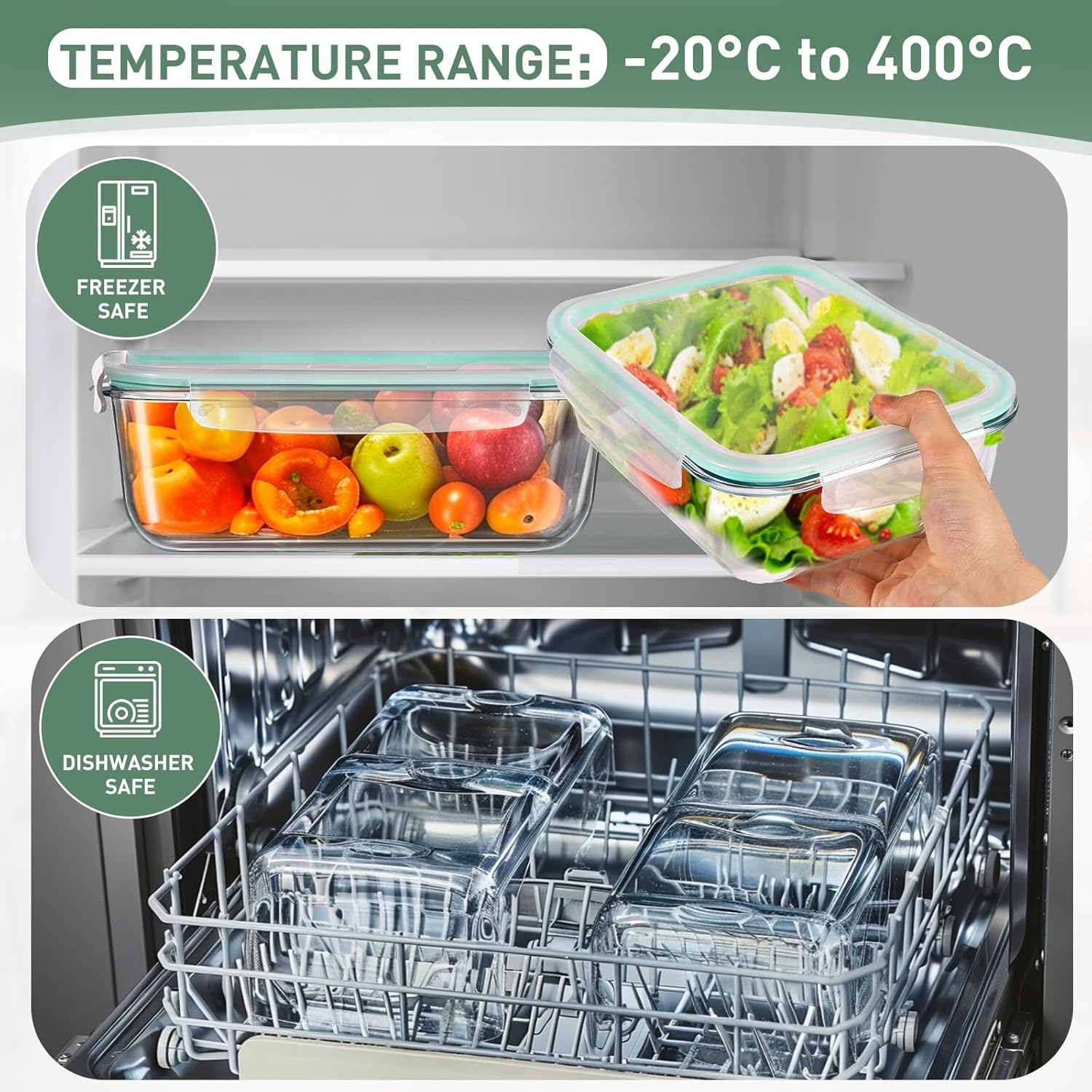 Feshory 2 Pack (2200Ml/75 Oz) Large Airtight Glass Food Storage Containers with Lids &ndash; Perfect for Baking, Store Leftovers, Rotisserie Chicken & More &ndash; Durable, Leak-Proof, BPA Free