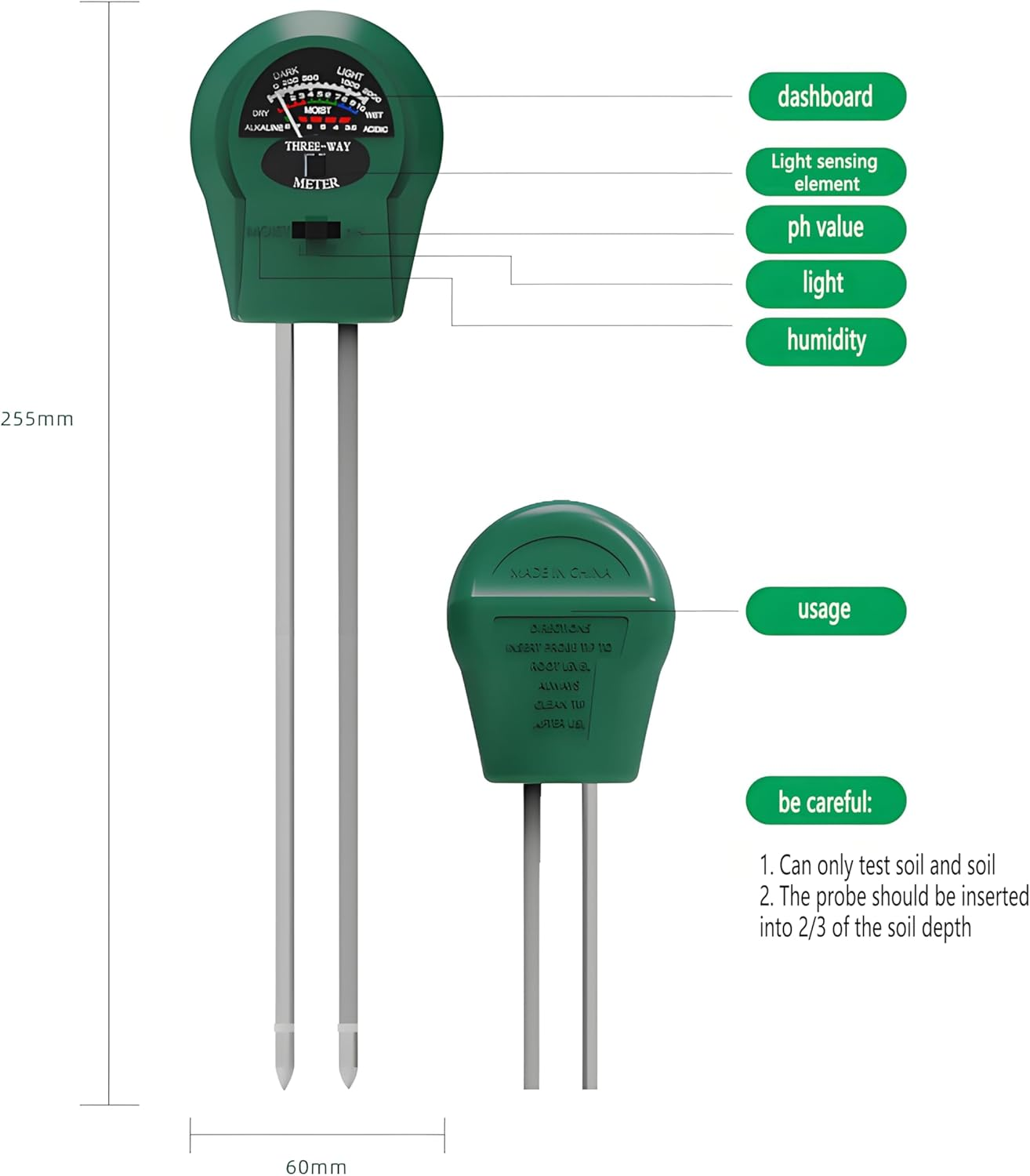 3-In-1 Soil Moisture Meter with Ph & Light Tester &ndash; Instant Soil Moisture, Ph, and Light Readings for Indoor/Outdoor Plants image number 2