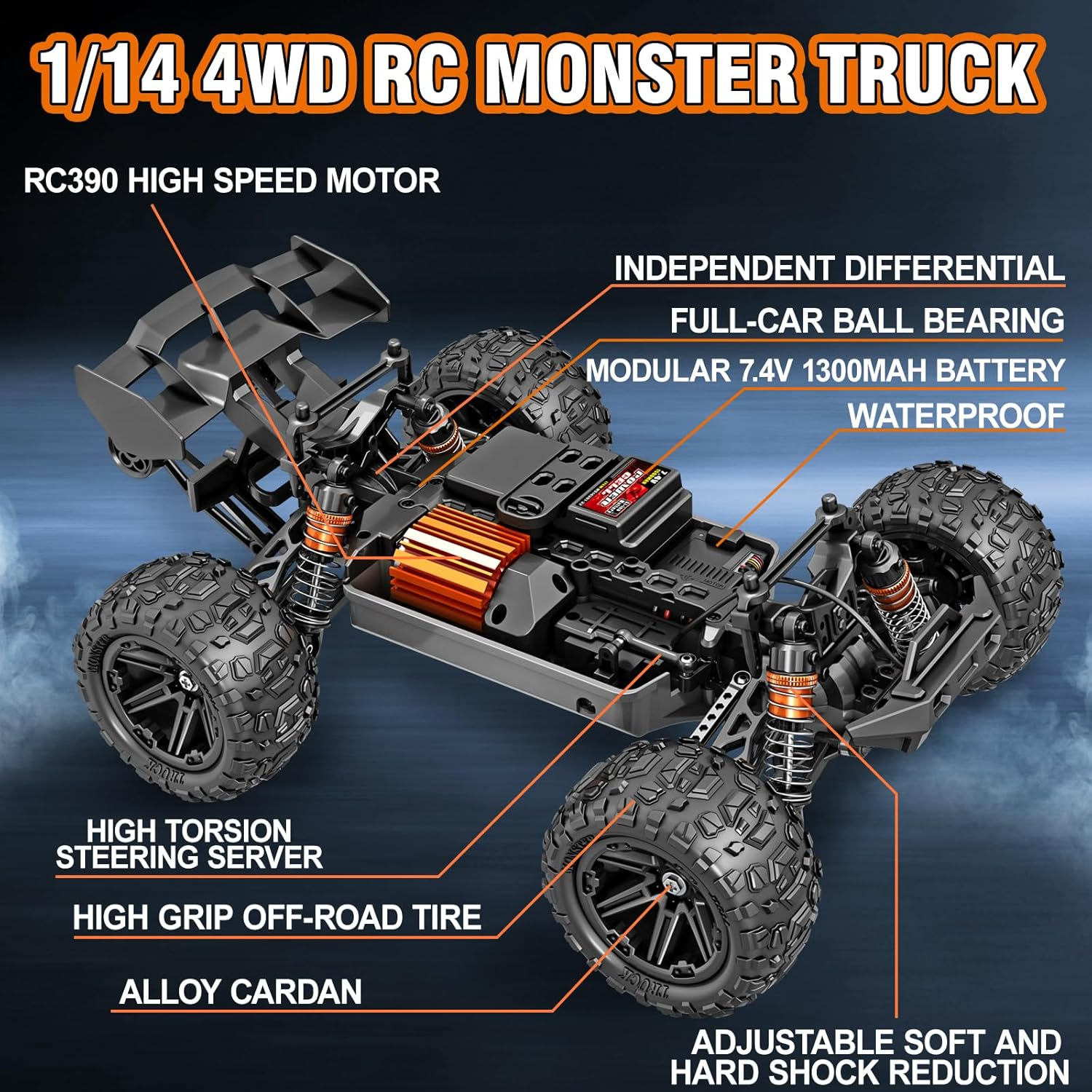 Rc Cars 1:14 All Terrain RC Car for Adults & Boys, 4WD Off-Road RC Truck High Speed Fast 40+ KPH, 4X4 Waterproof Remote Control Car with 2 Rechargeable 1300 Mah Batteries image number 1