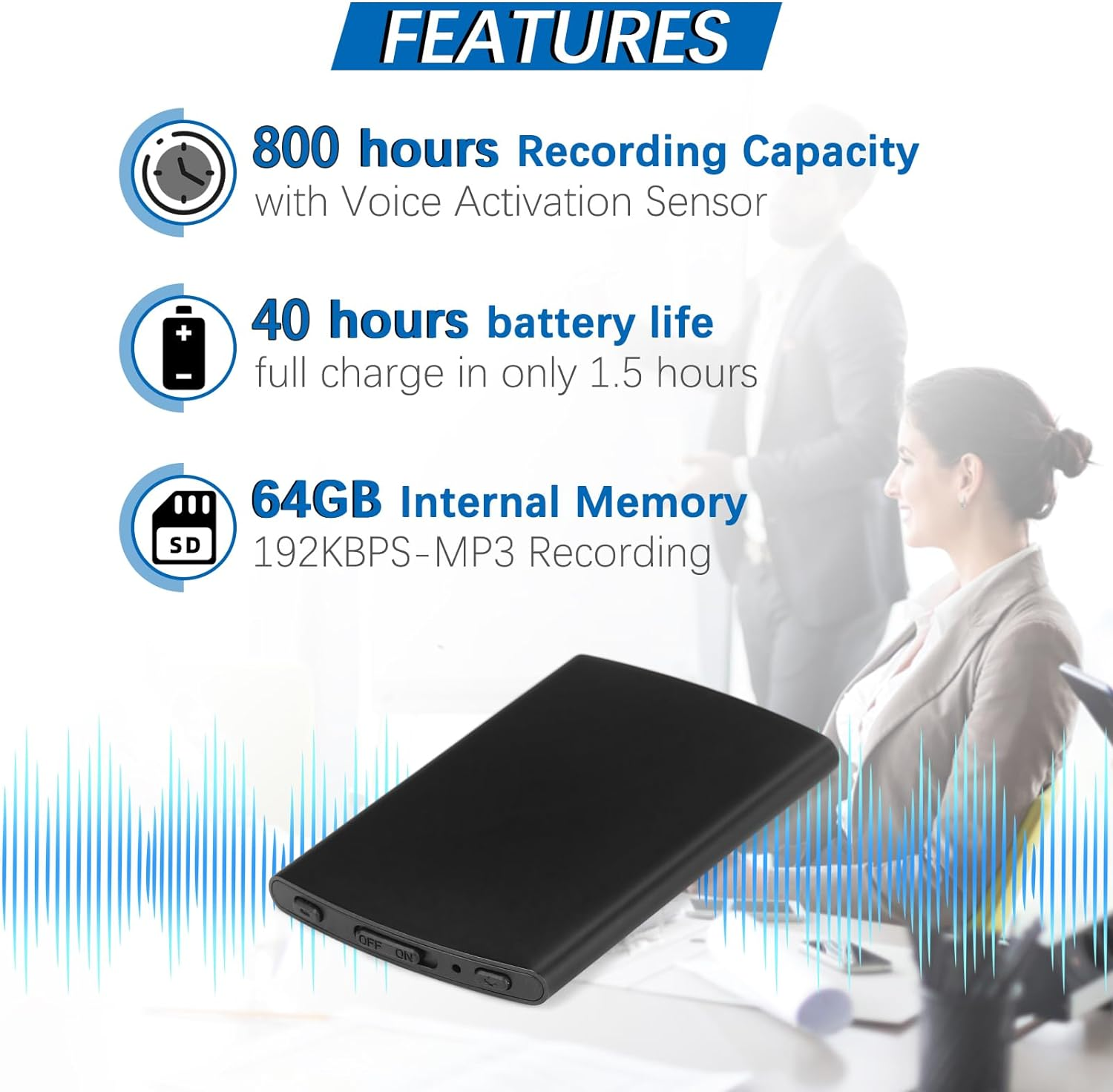 Voice Recorder 64GB, Activated Recorder with 800 Hours Recording Capacity and 35-45 Hours Long Battrey Time, Audio Recorder for Lecture Interview Meeting Class Bussiness image number 1