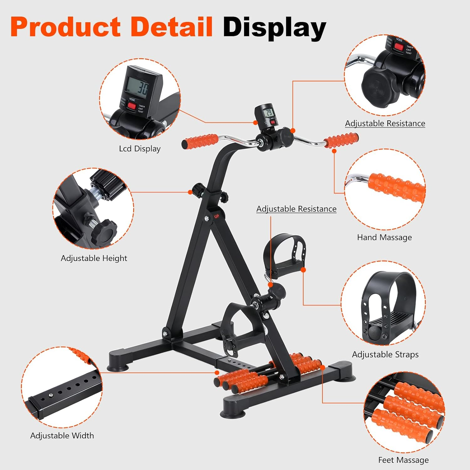 ADVWIN Pedal Exerciser Bike for Seniors, Arms + Legs Physical Therapy, Adjustable Resistance & Height, LCD Display, Black&Orange