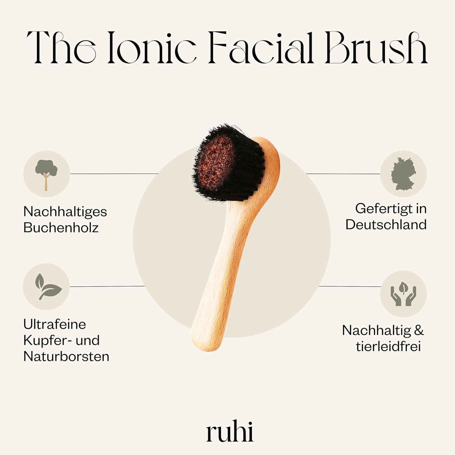 RUHI Monastery Brush Face/Copper Brush/Face Brush Copper Natural Bristles & Plastic Free for Dry Brushing Massage/Made in Germany/Ionic Dry Brush Face/Fsc-Certified Beech Wood image number 3