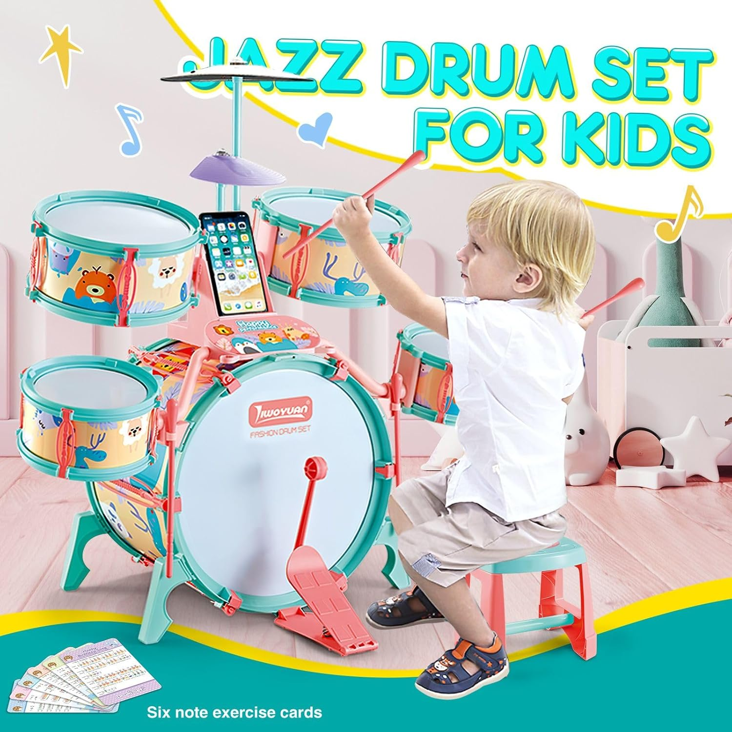 KIDBOT Kids Rock Jazz Drum Set,Educational Music Toys Kit with Chair for Toddler, 5 Drums 17 Pieces Musical Instrument