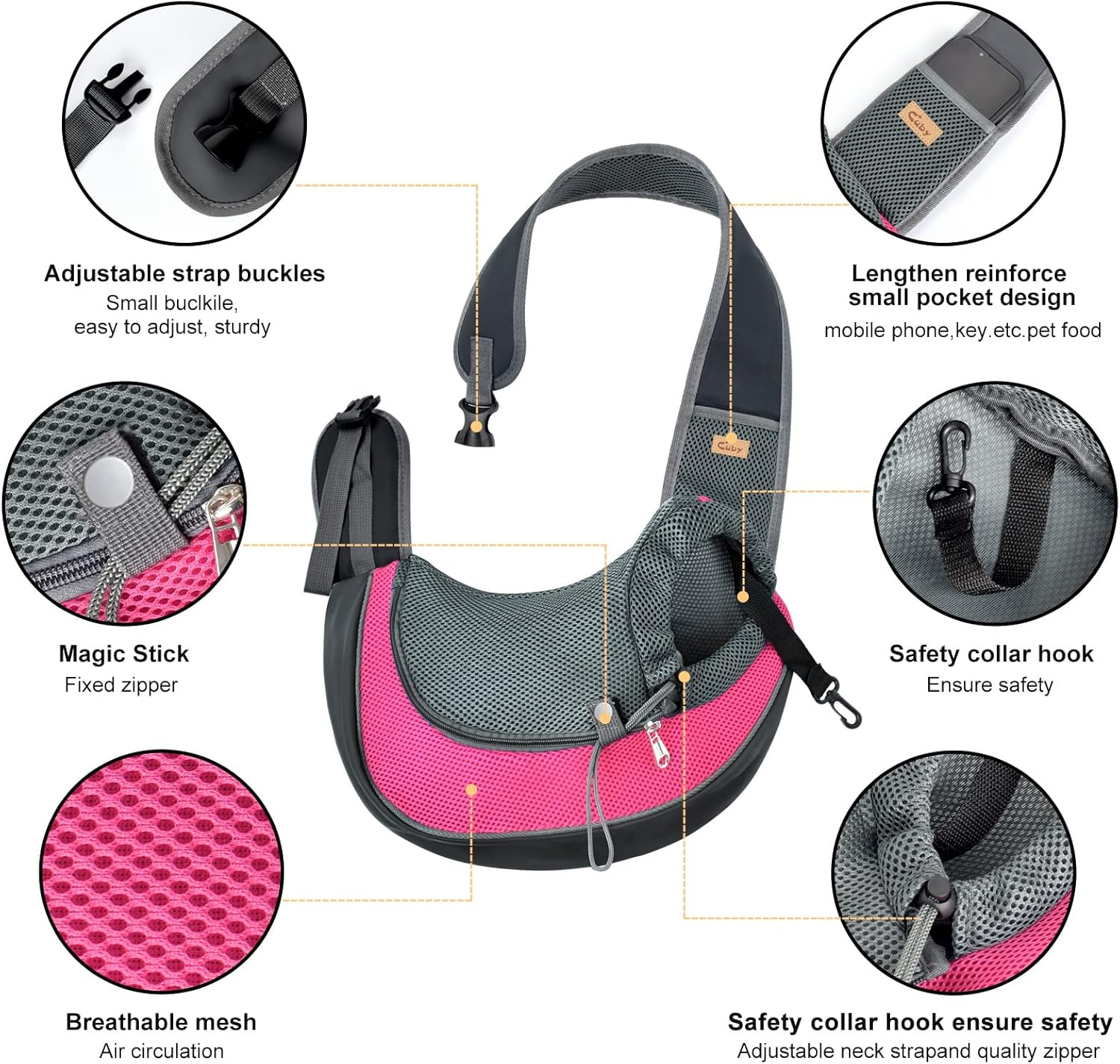Cuby Pet Sling Carrier for Small Dogs Cats,Drawstring & Zipper & Special Security Hook Triple Designs for Pets' Securty,Breathable Mesh Travel Cat Carrier Bag with Adjustable Shoulder Strap (Pink S)