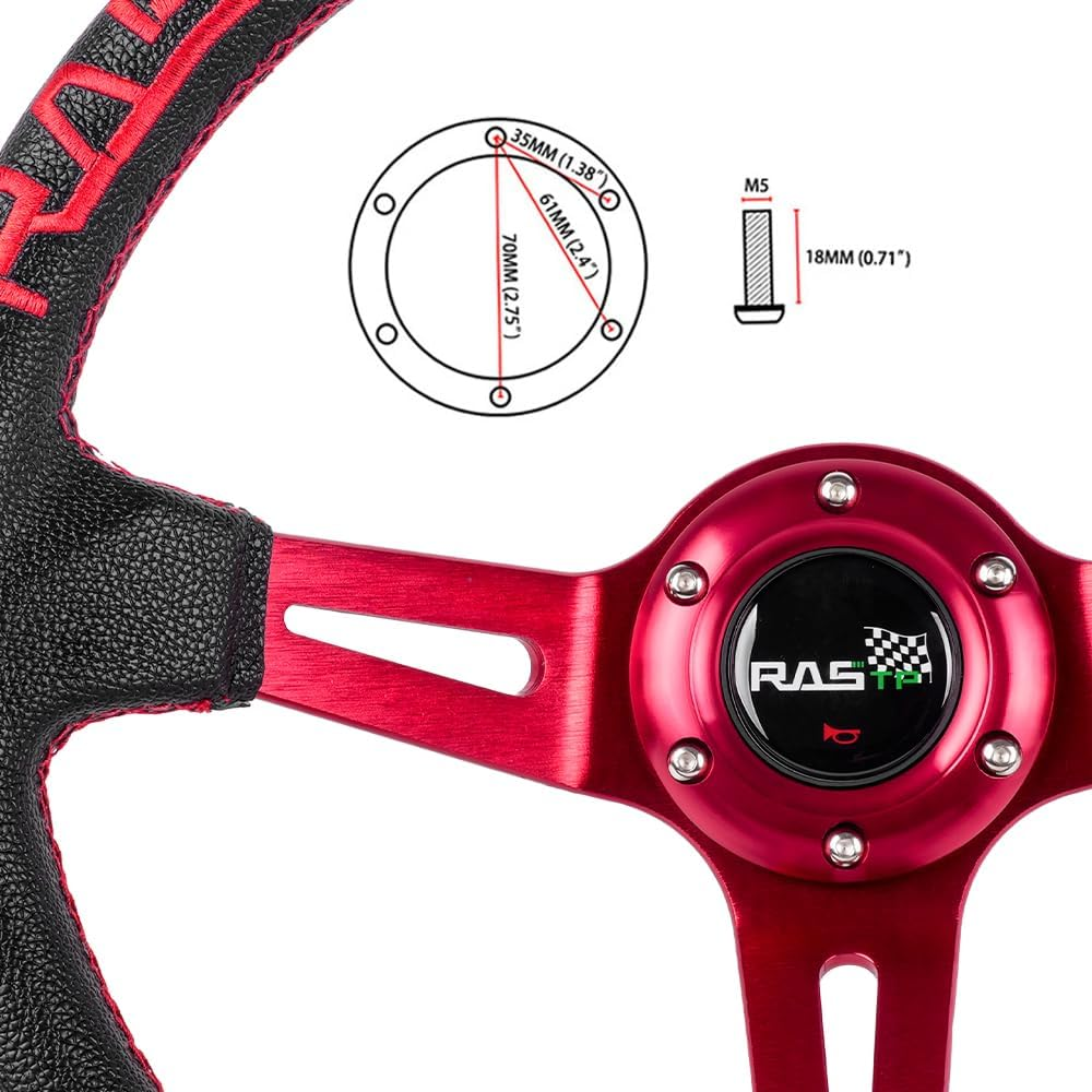 RASTP Universal Racing Steering Wheel,Deep Dish Steering Wheel Leather Embroidery 13.58&rdquo;/345Mm 6 Bolts with Horn Button Include Cable, Wrench,Red - Red image number 5