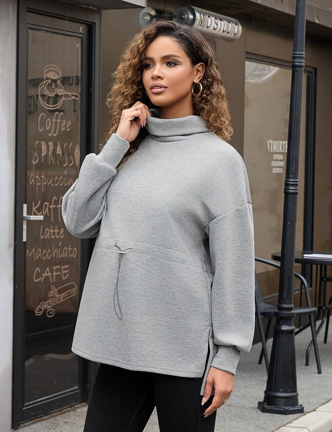 Bhome Maternity Turtleneck Sweatshirt Long Sleeve Oversized Pullover Tops Side Slit Tunic Shirts with Drawstring Waist image number 6