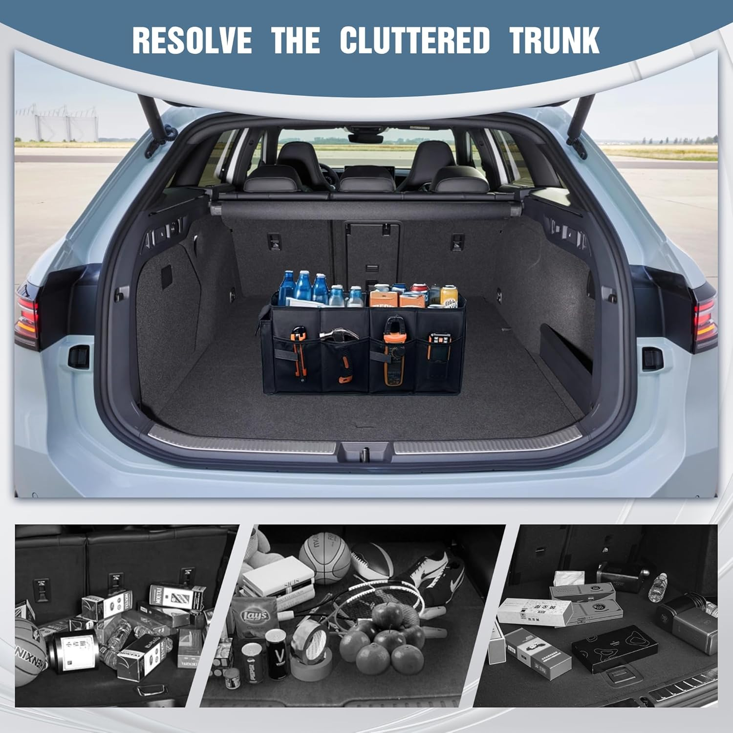 Car Boot Organiser, Car Organiser Box, Foldable Trunk Storage Bag for Storing Car Accessories, Tools, Sundries, with Two Compartments, Black, 22"X13"X11" image number 6