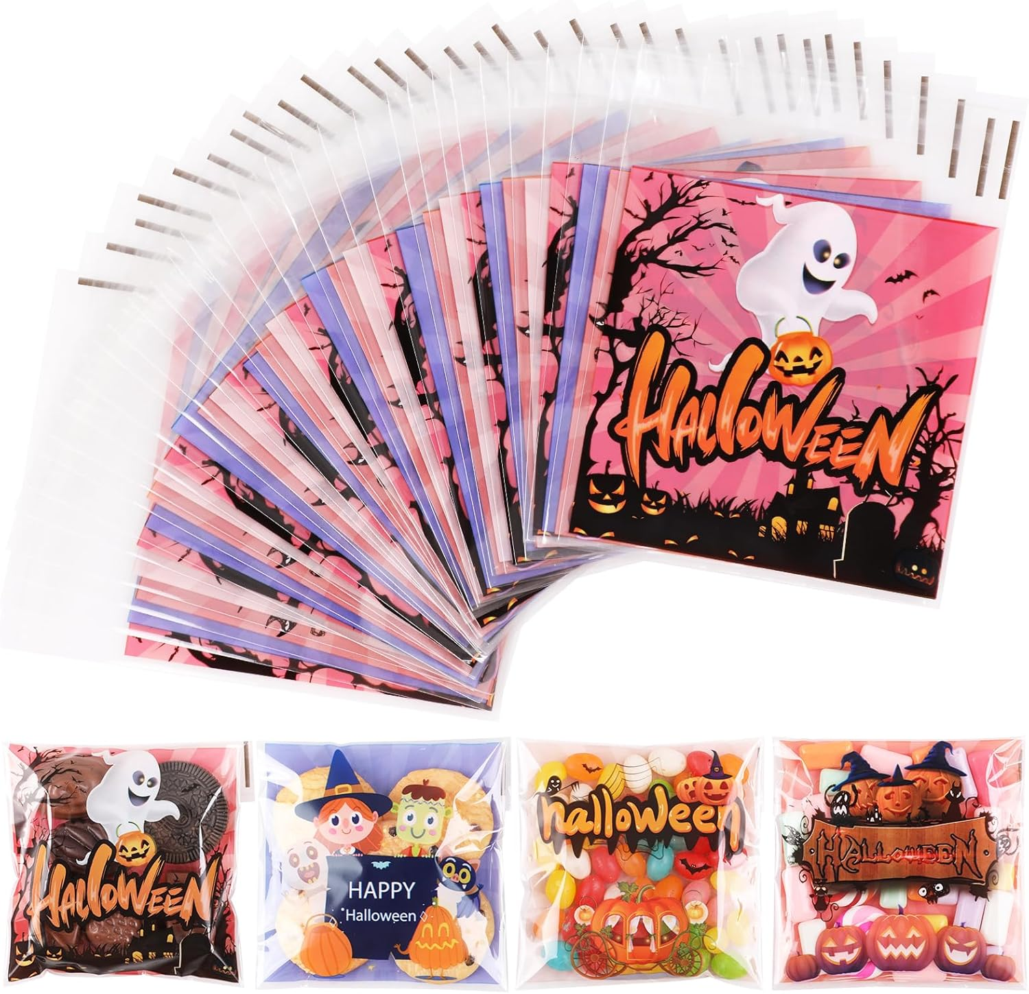 Bigqin 200Pcs Halloween Small Goodie Candy Bags, Self-Adhesive Small Transparent Gift Bags for Filling Cookies Candy Nuts (10X10Cm/3.94X3.9Inch) (Halloween Trick or Treat) - Christmas A image number 6