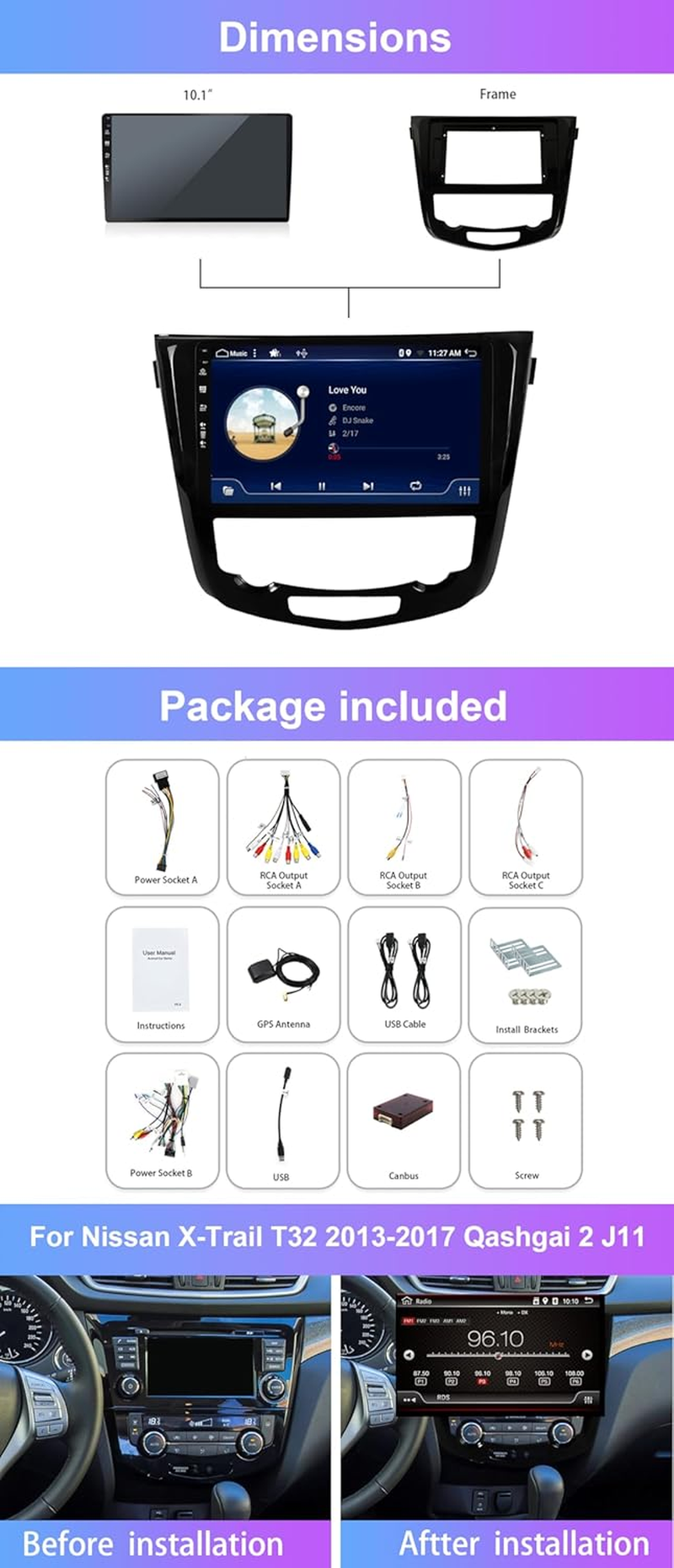 10Inch IPS Double Din Android Car Stereo Radio GPS Navigation for Nissan X-Trail T32 Qashqai J11 Head Unit Camera Carplay BT AM FM Wifi SWC 2G+32G image number 5