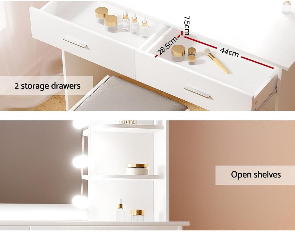Artiss Dressing Table, Dressing Table with Mirror Lights 10 Bulbs LED Mirror Makeup Stool Set Wooden Vanity Desk Chair, Home Bedroom Furniture Girls Women Organisers, Drawers Shelves Tabletop White