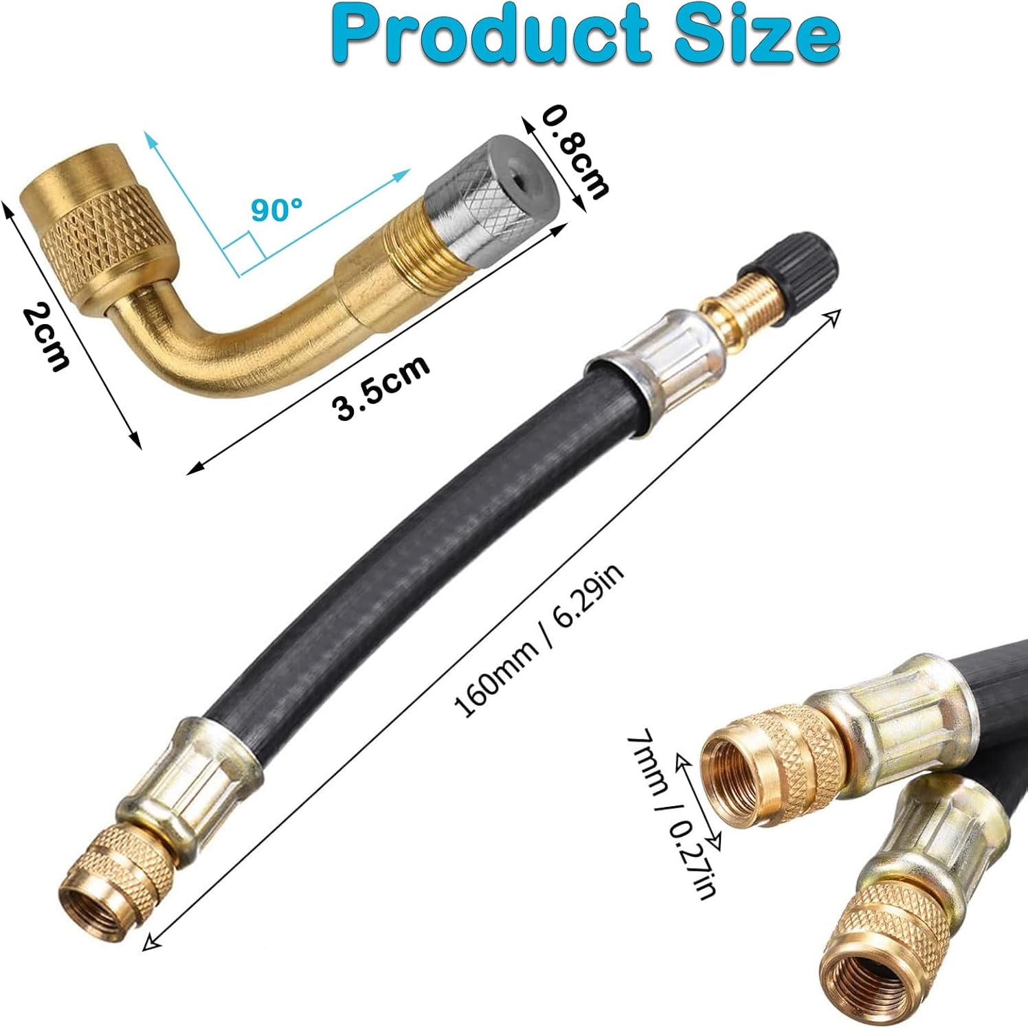 YUENTOEN 2Pcs Tire Valve Extension, Flexible Rubber 160MM Tire Valve Extender Inflatable Hose with 2Pcs 90 Degree Brass Tire Valve Stem Extension Adaptor for Cars Truck Motorcycle Bike