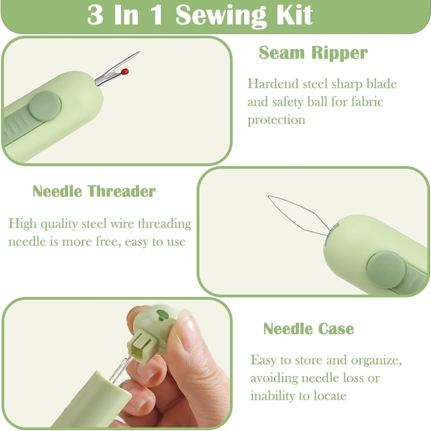 3 Pcs Needle Threaders and Seam Ripper, Upgraded 3 in 1 Automatic Threader with Stainless Steel Blade for Hand Sewing, Knitting, Embroidery, Multifunctional Sewing Tool for Crafts Quilting Supplies image number 4