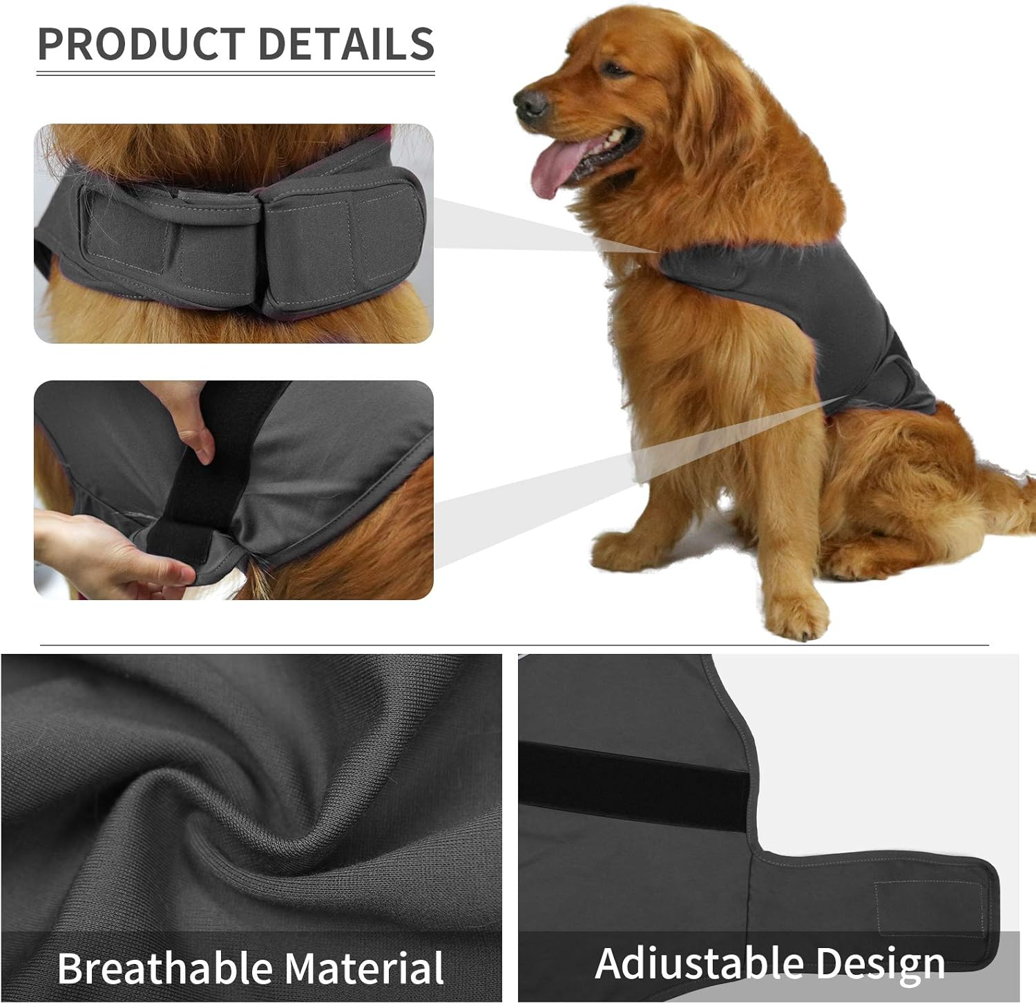 Breathable Dog Shirt for Thunderstorm, Dog Anxiety Vest Jacket Warp,Puppy Calming Coat Anxiety Relief (M, Grey) image number 4