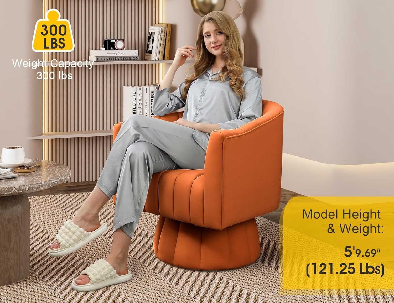 SEYNAR Mid Century 360 Degree Swivel Cuddle Barrel Accent Sofa Chairs, round Armchairs with Wide Upholstered, Fluffy Velvet Fabric Chair for Living Room, Bedroom, Office, Waiting Rooms, (Orange) image number 5