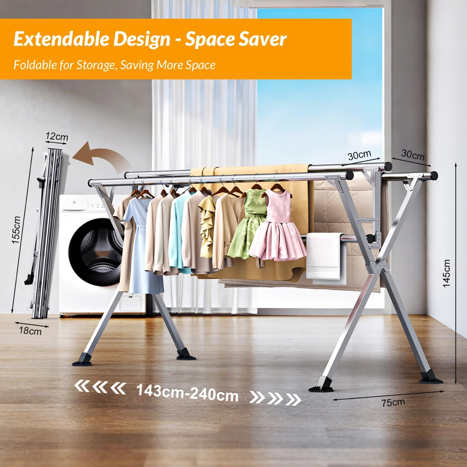 Hormes Clothes Drying Rack, Luxury 2.4M Adjustable Clothes Airer Laundry Drying Rack with 4 Rods, Foldable Stainless Steel Clothes Dryer Stand Horse, 80KG Load, 20 Hooks & 12 Clips for Outdoor Indoor image number 4