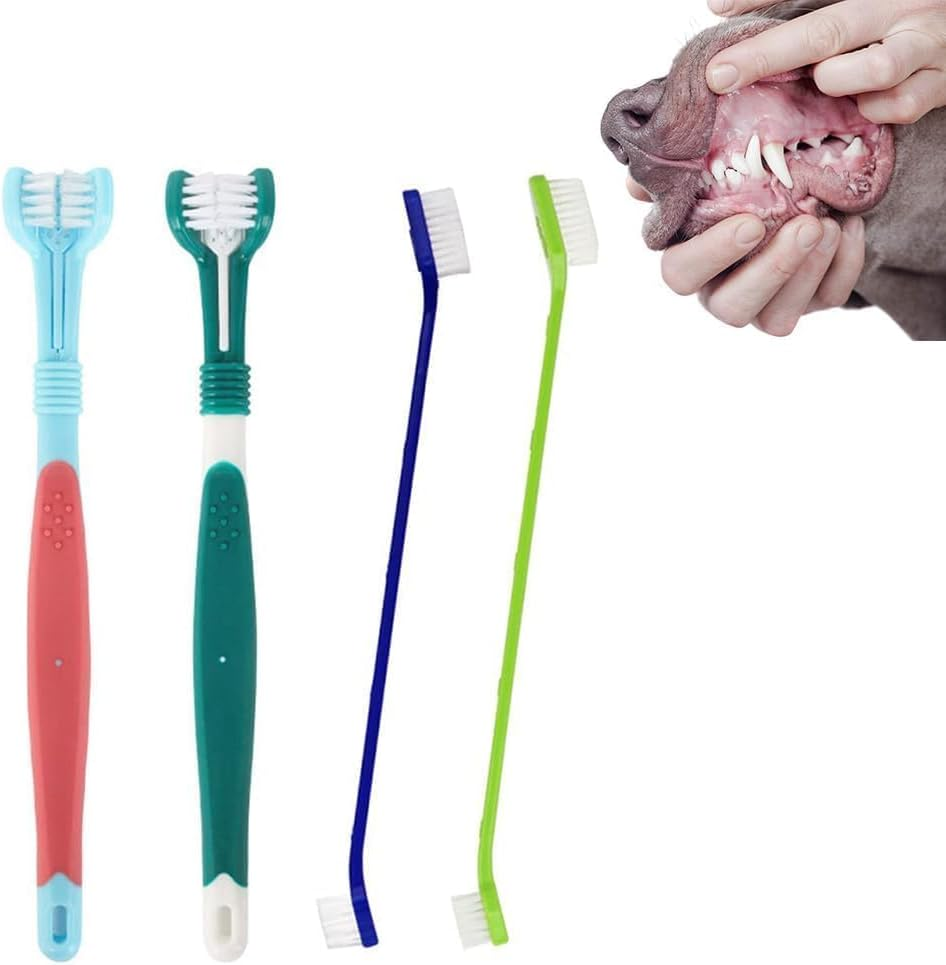 4 Pcs Dog Toothbrush,Dog Toothpaste and Brush Kit, Dog Teeth Cleaning, Pet Toothbrush, 2 Triple Head Dog Toothbrushes and 2 Long Handle Dog Toothbrushes, Toothbrush Dog for Dogs and Cats image number 1