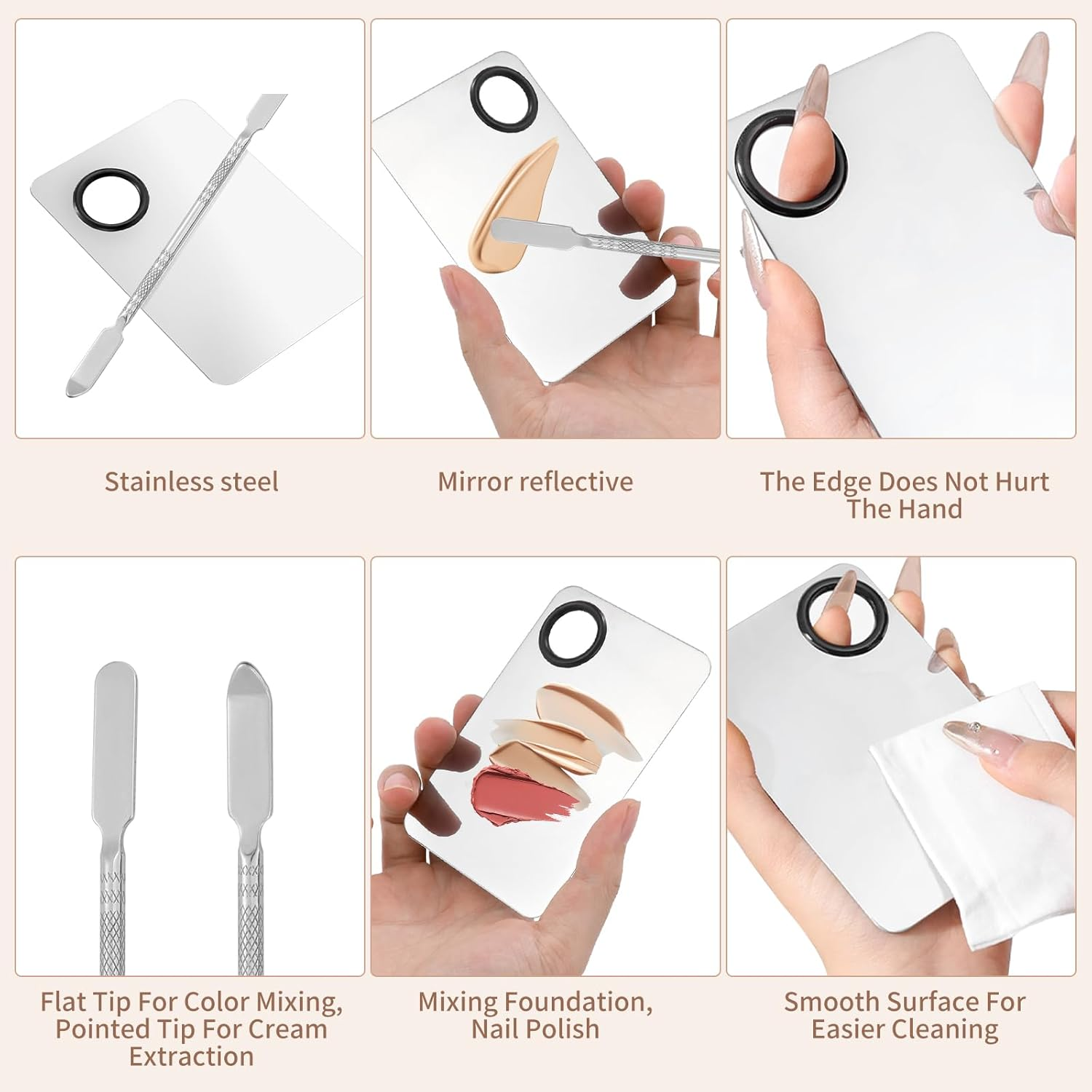 EXEXIUO 3Pcs Makeup Mixing Palette Kit Including Foundation Spatula, Makeup Palette Tray, and Brushes for Women, Girl Korean Cosmetic Spatula Tool(Metal)