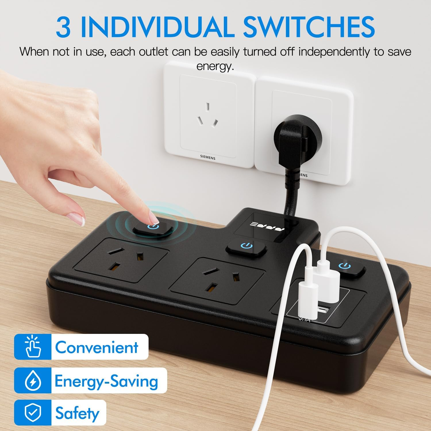 BOCHLION Power Strip with Independent Switches and Night Light Features Plug Extension Socket with 4 USB Ports (2 USB C and 2 USB A), Household Wall Socket Plug Extender, Travel. (Black) image number 4