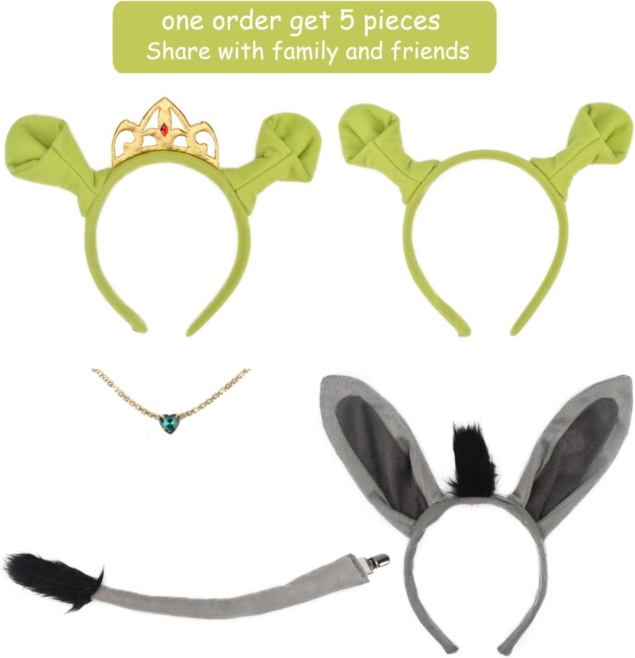 HODRME 5 PCS Ogre Ears Princess Headband Donkey Ears Set-Halloween Christmas Festival Theme Party Cartoon Cosplay Costume Accessories Include Ears Necklace and Tail image number 1