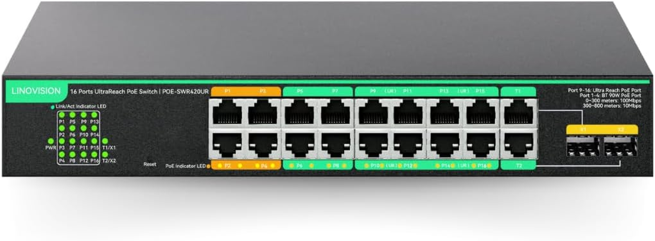 LINOVISION 16 Ports Ultrareach Poe Switch with Remotely Cloud Management, up to 2600Ft Long Range Poe & Data Transmission, 4* BT 90W & 12* at 30W Ports, Built-In 300W Power Adapter image number 1