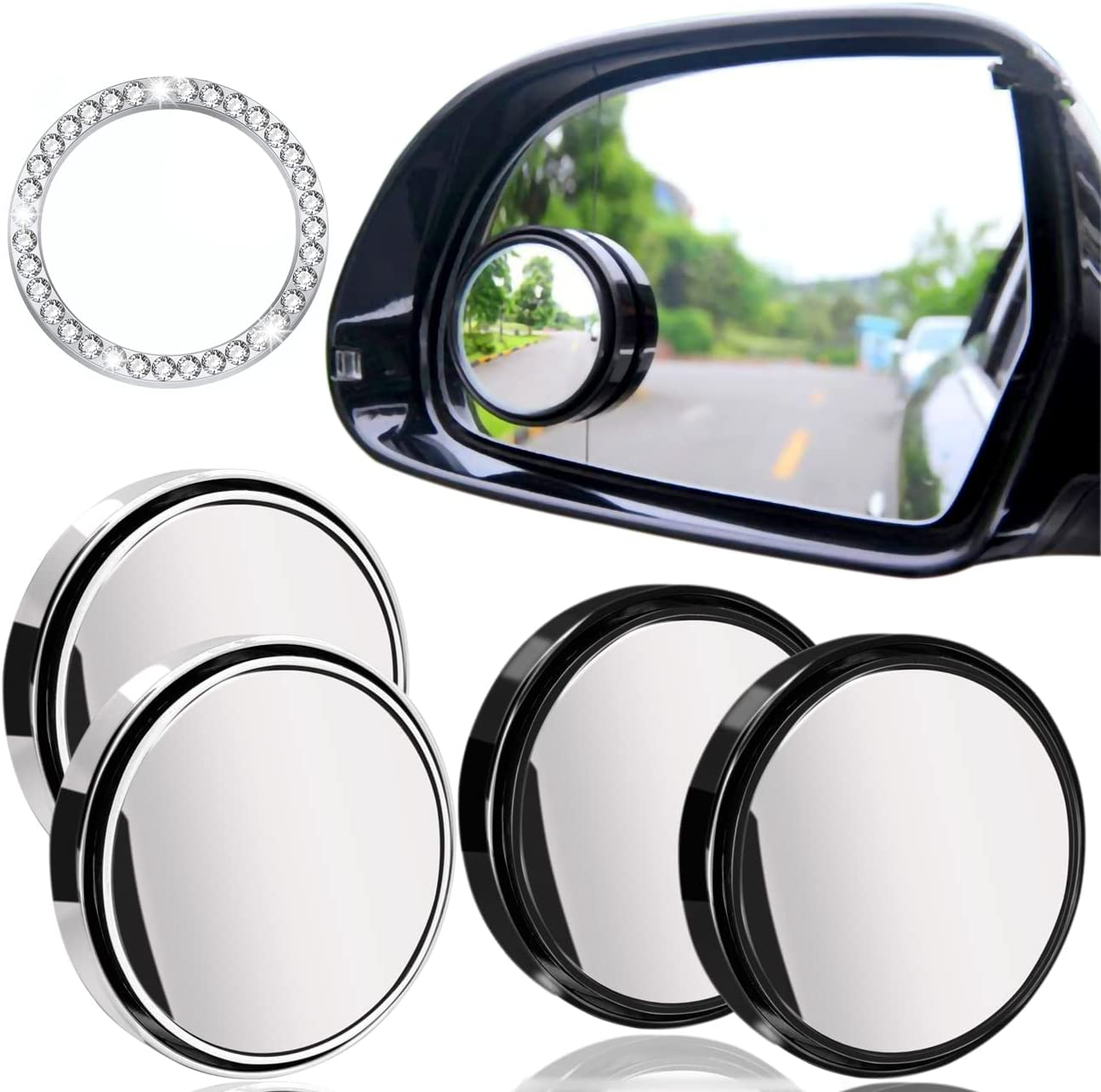 4 Pack Blind Spot Mirrors or Cars, 2 Inch round HD Glass Frameless Convex Wide Angle Side Rear View Mirror with ABS Housing Rhinestone Sticker for Most Cars Mirrors Accessories image number 5