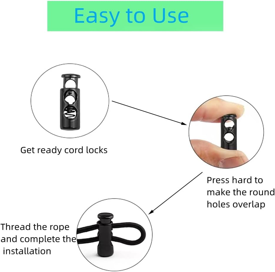 30 Pcs Plastic Cord Locks YIFARUBE 3 Styles End Spring Stop Toggle Stoppers for Paracord Shock Cord Drawstrings Lanyard DIY Crafting (Black) image number 2