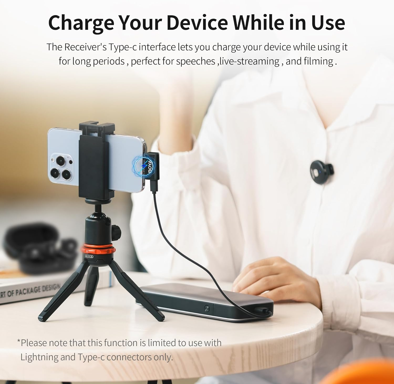 BOYA Omic-D Wireless Lavalier Microphone System Compatible with Iphone, 50M Los Range, Hi-Fi Audio, Smart Noise Cancellation, 15H Duration, Mini Lapel Mic for Recording Vlogging Interview - Lighting Port image number 3