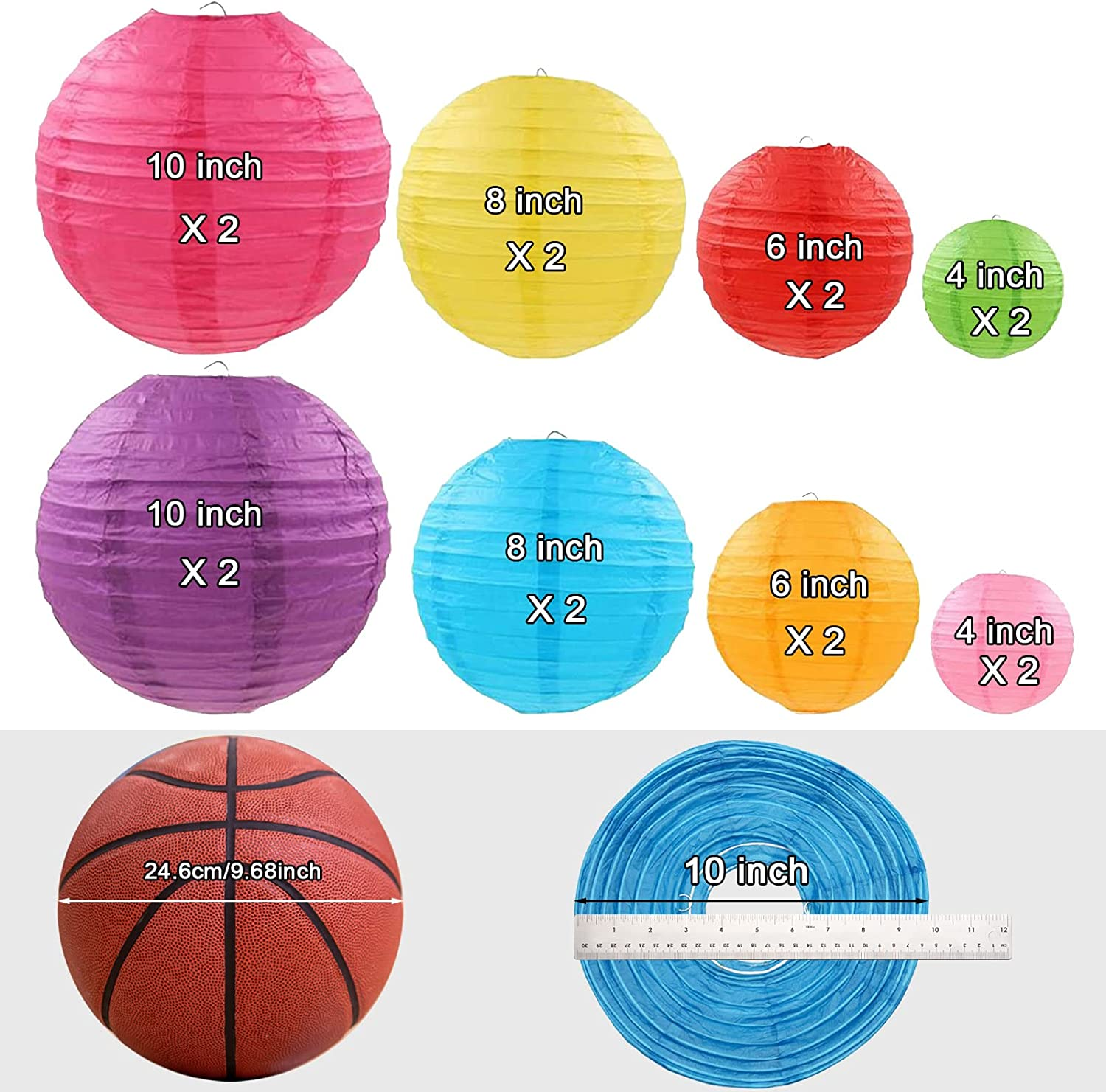 LURICO 16 Pcs Colorful Paper Lanterns (Multicolorsize of 4&rdquo; 6&rdquo; 8&rdquo; 10&rdquo;) - Chinese/Japanese Paper Hanging Decorations Ball Lanterns Lamps for Home Decor Parties and Weddings