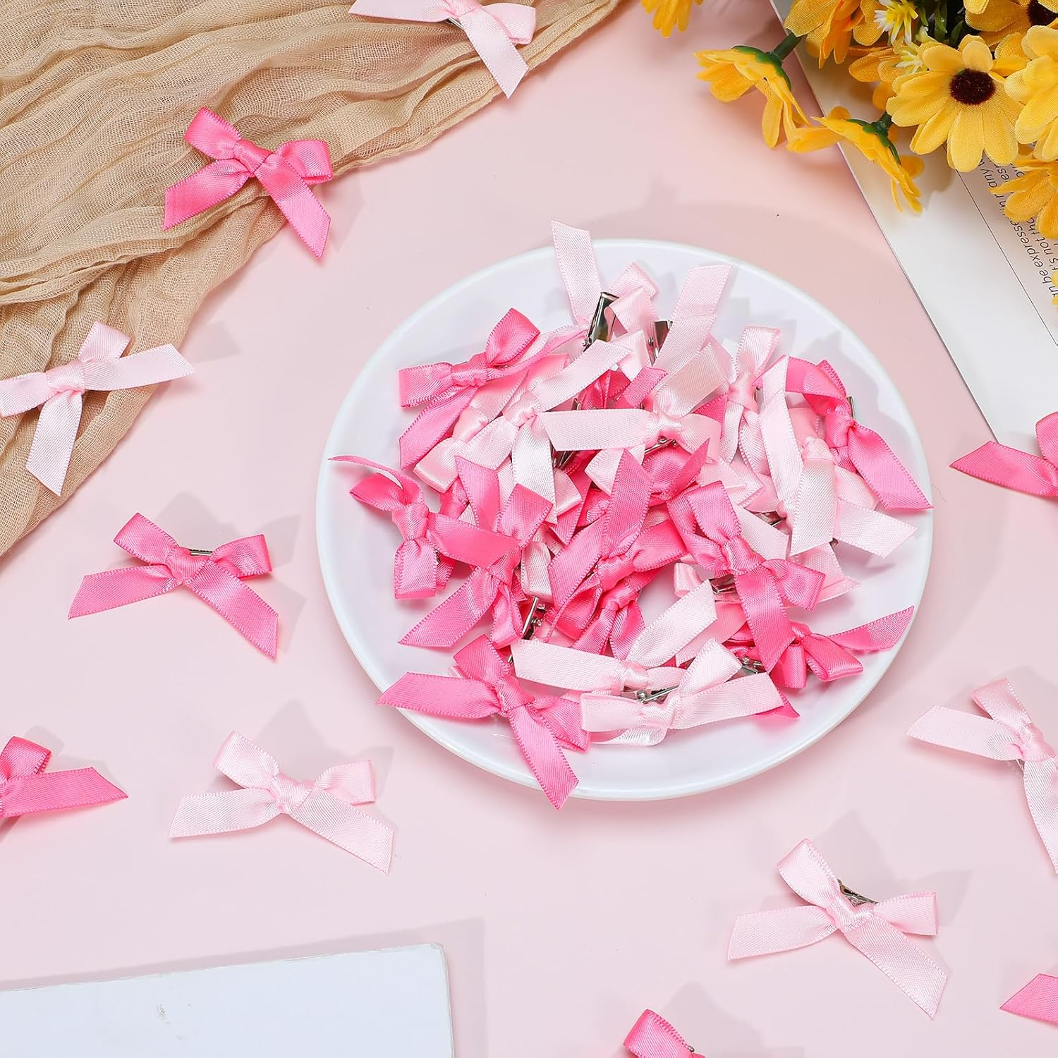 Classicseali Pack of 60 Mini Bows Hair Clips, Pink Ribbon with Clip, Pink Mini Bow Hairpin, Cute Bow Clips Accessories for DIY Styling Hair, Gifts, Bakery, Candy Bags image number 3