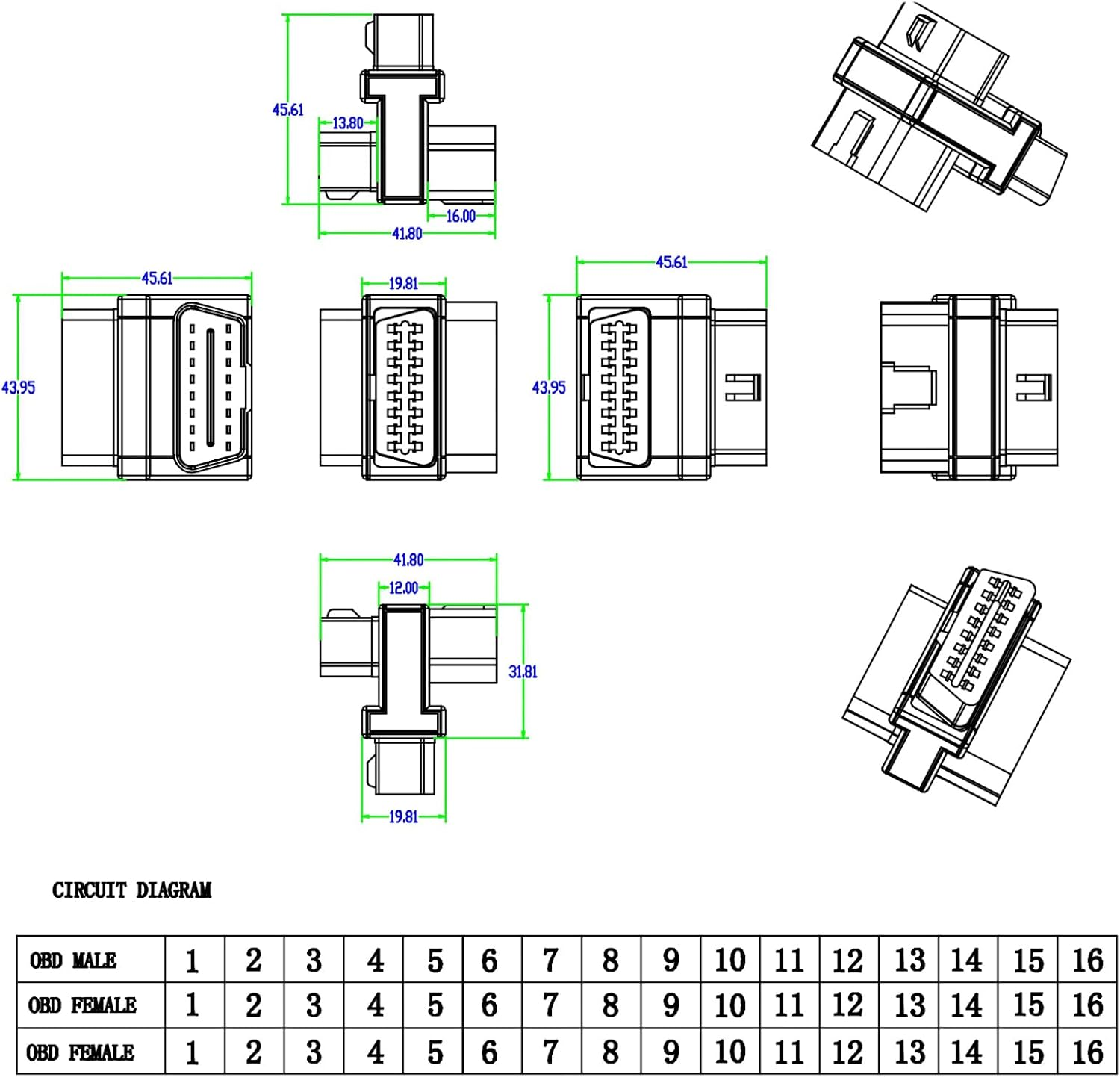 Ikkegol Pocket OBD2 Splitter Cable, OBD II Full 16 Pin 1 Male to Dual Female 1 to 2 T Split 2 Way Extension Converter Adapter for Diagnostic Extender (Bottom Widest) image number 6