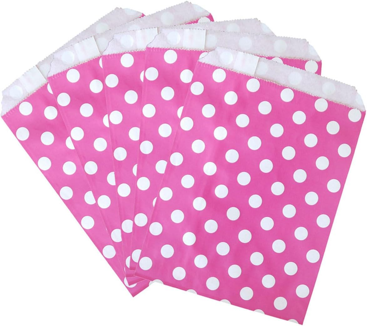 AIMALL 100Pcs Colorful Dot Paper Bags, 5.1 X 7In Party, Wedding, Dessert Packaging Bags, Food, Cookie, Small Gift Bags in Red, Rose Red, Yellow & Light Blue