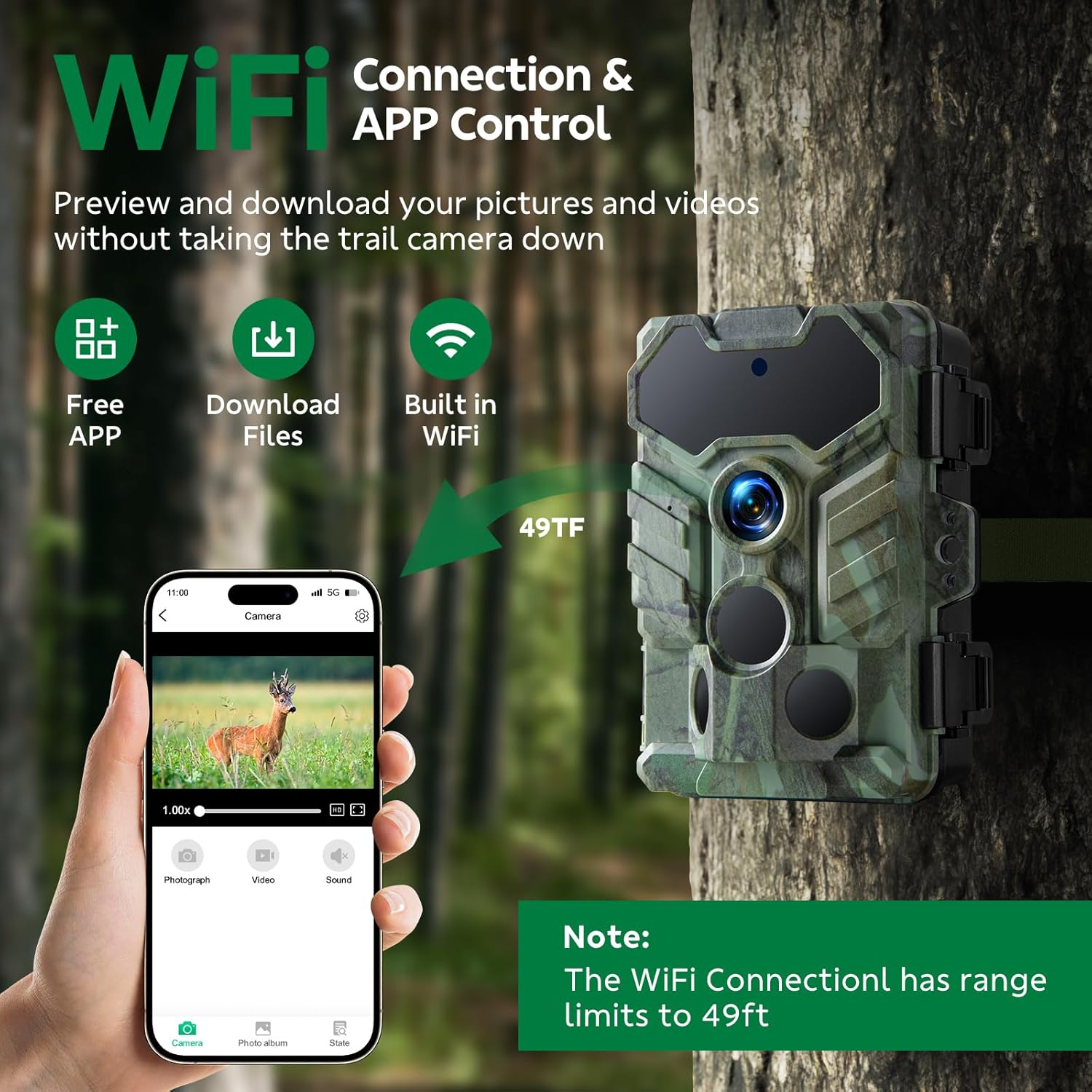 Trail Camera Wifi, 32MP 1080P Game Camera with Low Glow Night Vision, 0.1S Trigger Speed 130&deg; Wide-Angle Motion Activated IP66 Waterproof