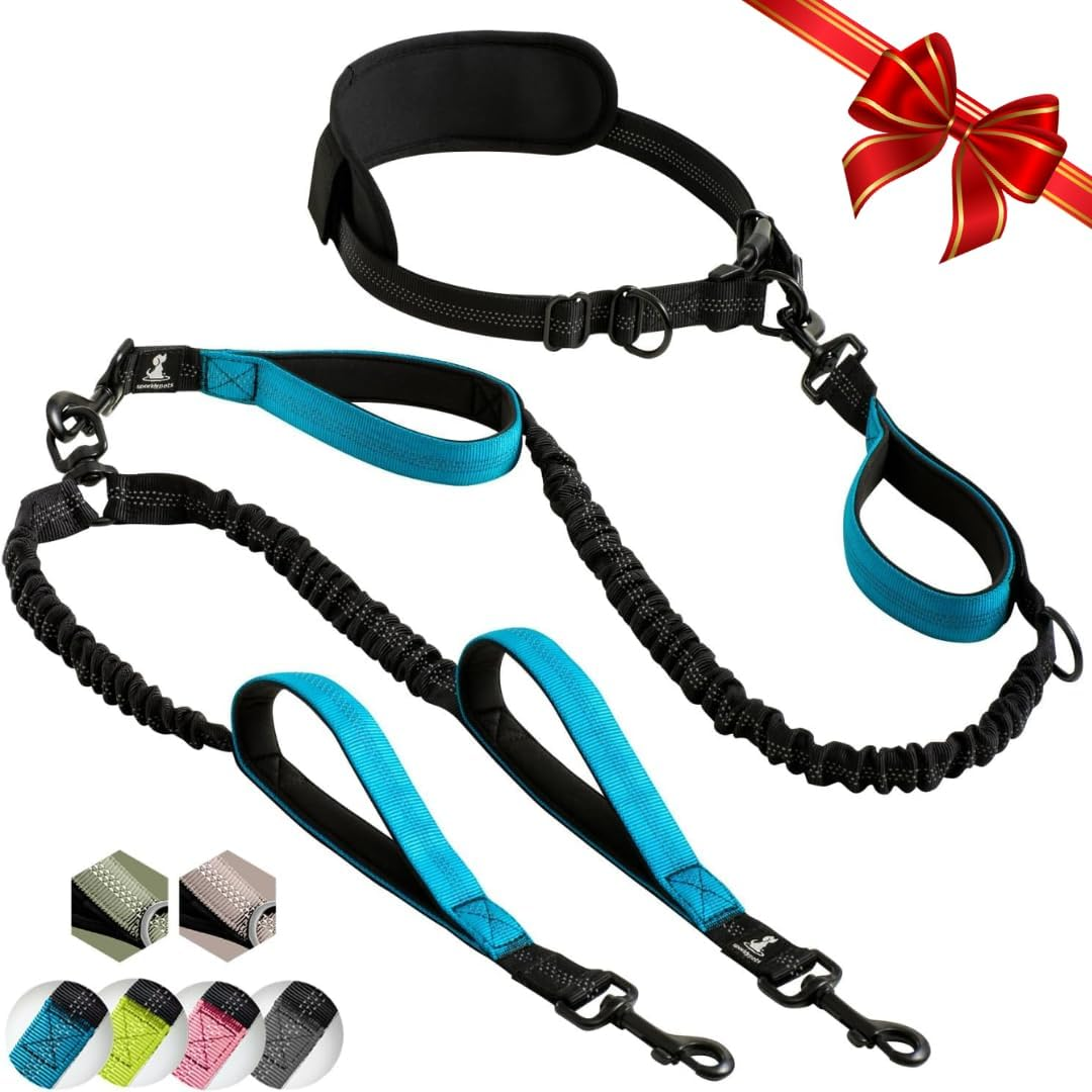 Sparklypets Hands Free Double Dog Leash &ndash; Dual Dog Leash for Medium and Large Dogs &ndash; Dog Leash for 2 Dogs with Padded Handles, Reflective Stitches, No Pull, Tangle Free Blue