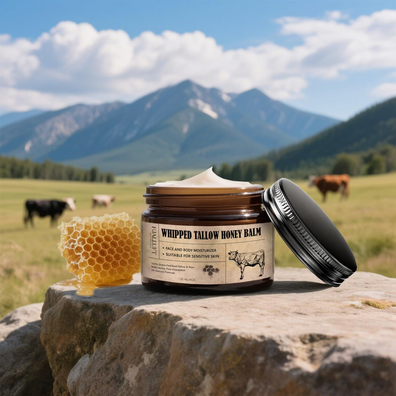 Beef Tallow and Honey Blam Moisturiser: Whipped Grass Fed Beef Tallow Balm with Raw Honey and Olive Oil for Skin and Face &ndash; Natural Cow Fat Facial Cream for Anti-Aging Unscented image number 4