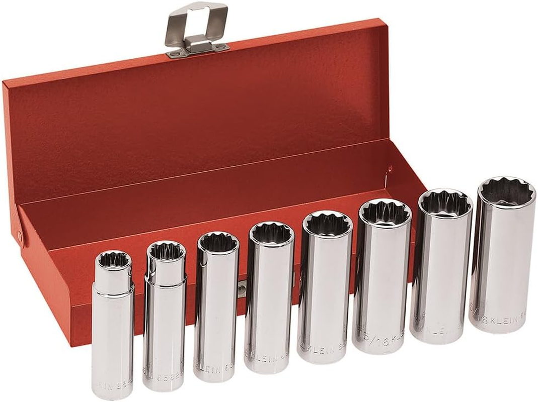 Klein Tools 65504 3/8-Inch Drive Socket Wrench Set, with 12-Point and 6-Point, and Spark Plug Sockets, 2 Extensions, Ratchet, Case, 12-Piece