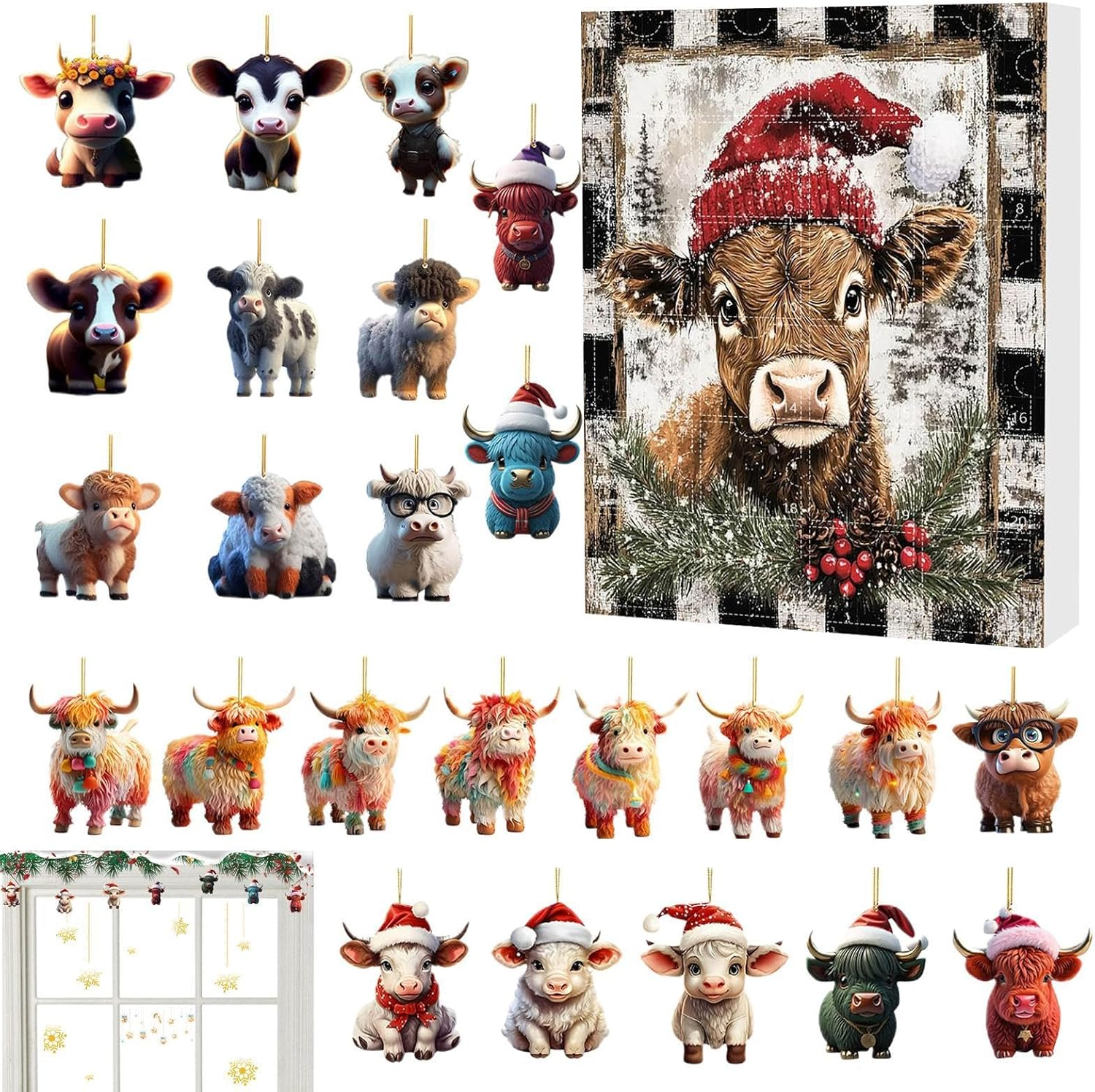 Highland Cattle,Christmas 2024,Cute Highland Cow 2024，Collectible Funny Cow Set, for Kids & Adults