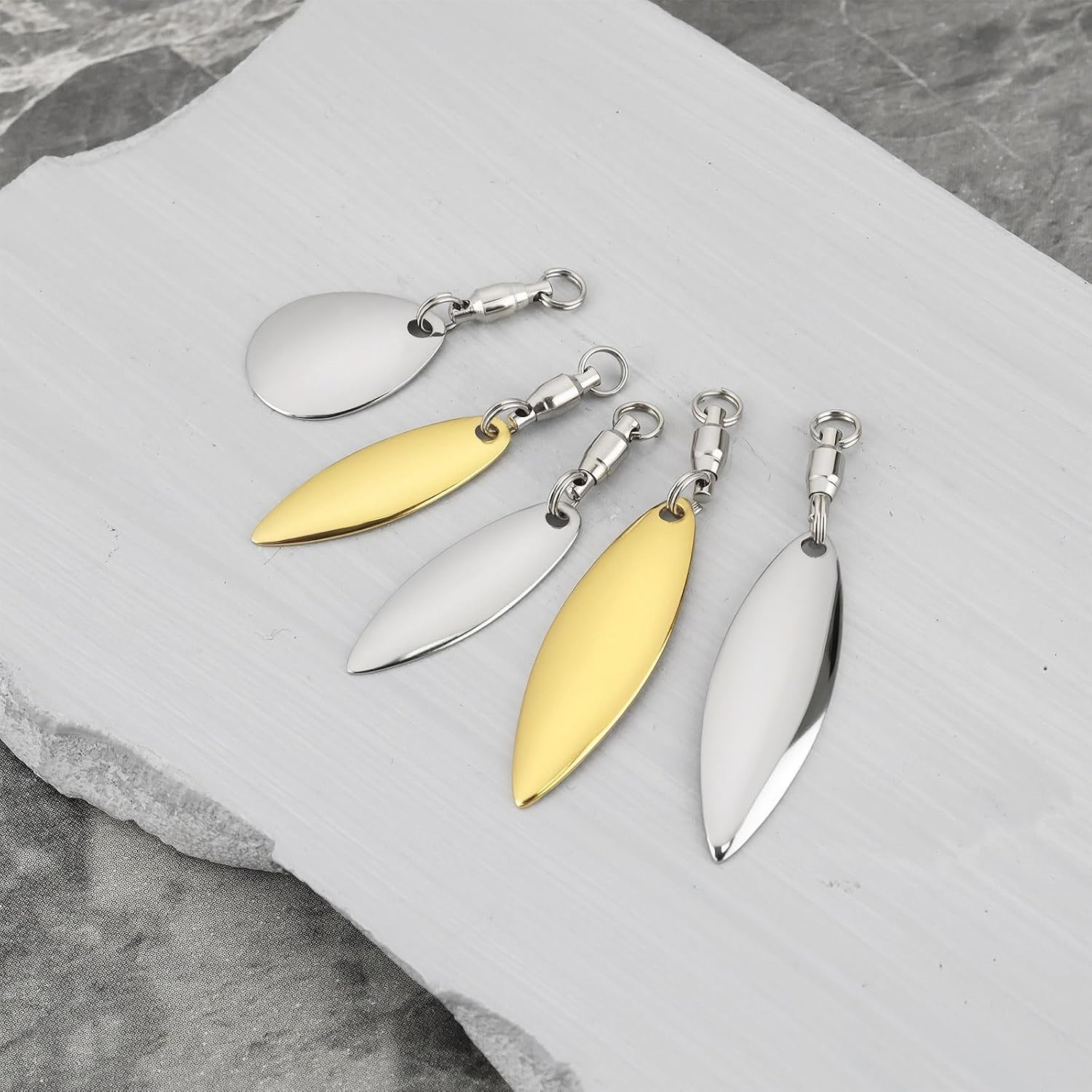 LT Easiyl 25PCS Fishing Tail Spinner with Ball Bearing Swivel Willow Leaf and Water Drop DIY Fishing Lures Accessories 32X10Mm 25X8Mm 18X14Mm Gold Silver image number 4