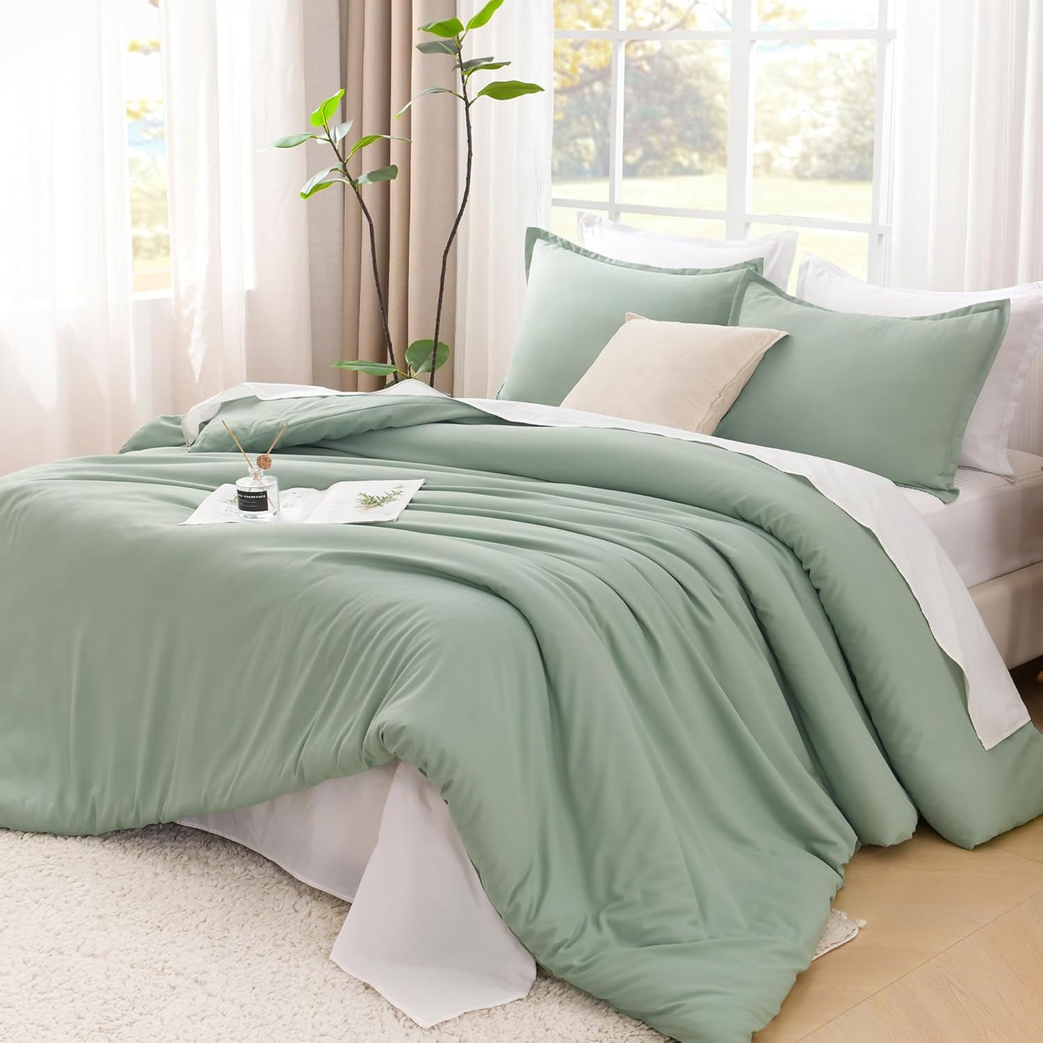 Litanika Oversized King Comforter Set 120X120, 3 Pieces Sage Green Super King Size Lightweight Solid Bedding Comforter Set, All Season Fluffy Bed Set