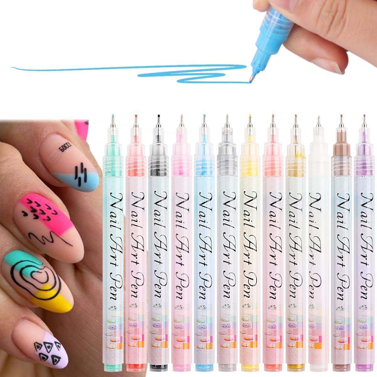 Nail Art Graffiti Pen Set 12Pcs Waterproof Painting Marker Pen Black White Drawing Gel Liners Quick Dry Dotting Pen Nails Professional Material for Manicure