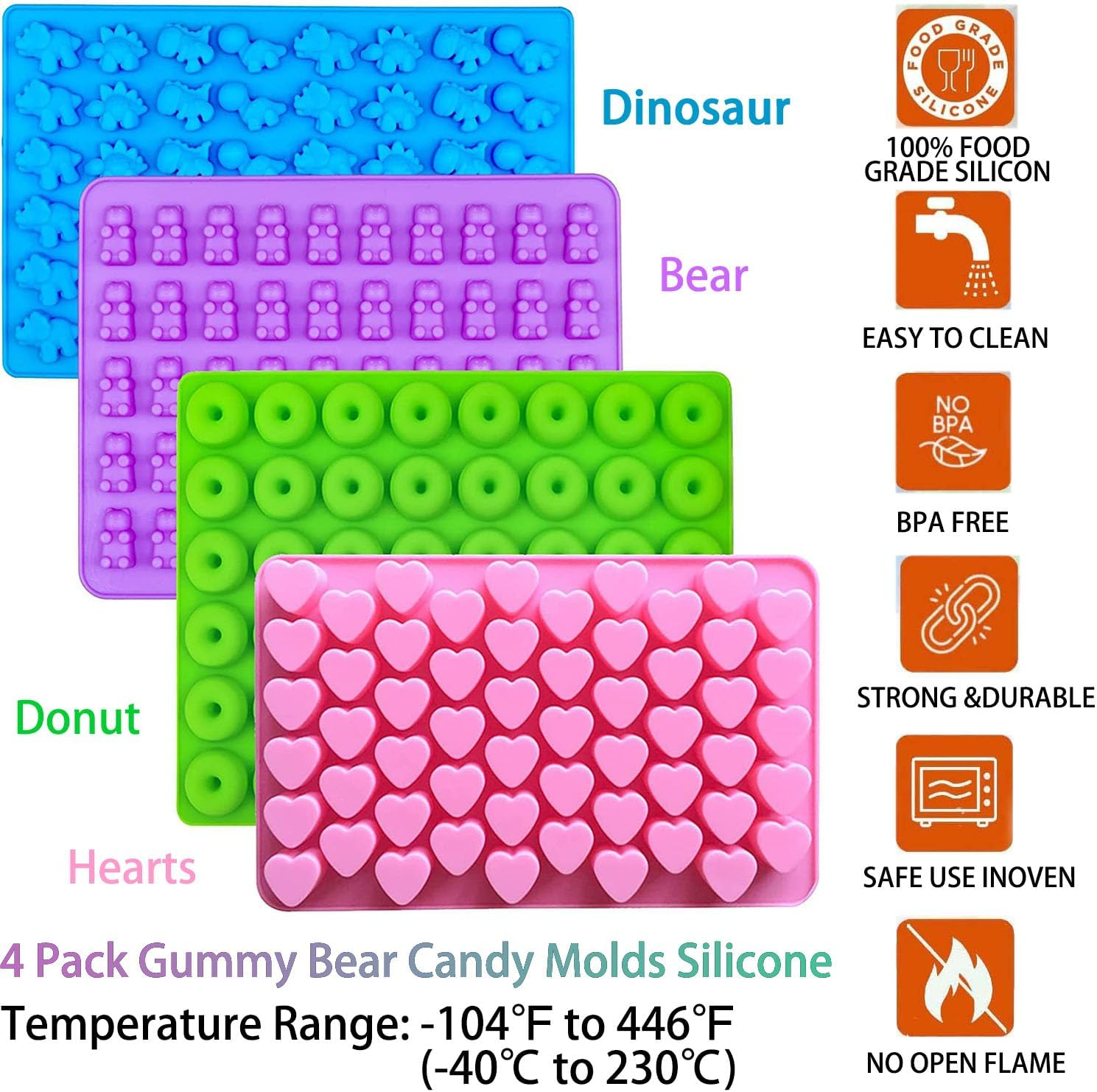 Gummy Bear Mold, WADY 4Pcs Gummy Bear Candy Molds Silicone,Gummy Molds with 4 Droppers,Non-Stick Silicone Candy Molds Including Mini Dinosaur,Bear Shape,Hearts and Mini Donut Forjelly,Candy, Chocolate image number 3