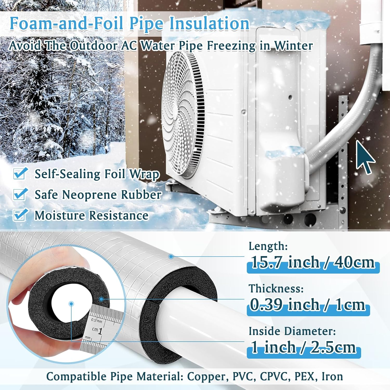 UCINNOVATE 8 Pack 1 Inch Pipe Insulation Foam Tube, 15.7'' Foil Pipe Insulation, 3/8'' TK Foam Tubing Freeze Protection image number 1