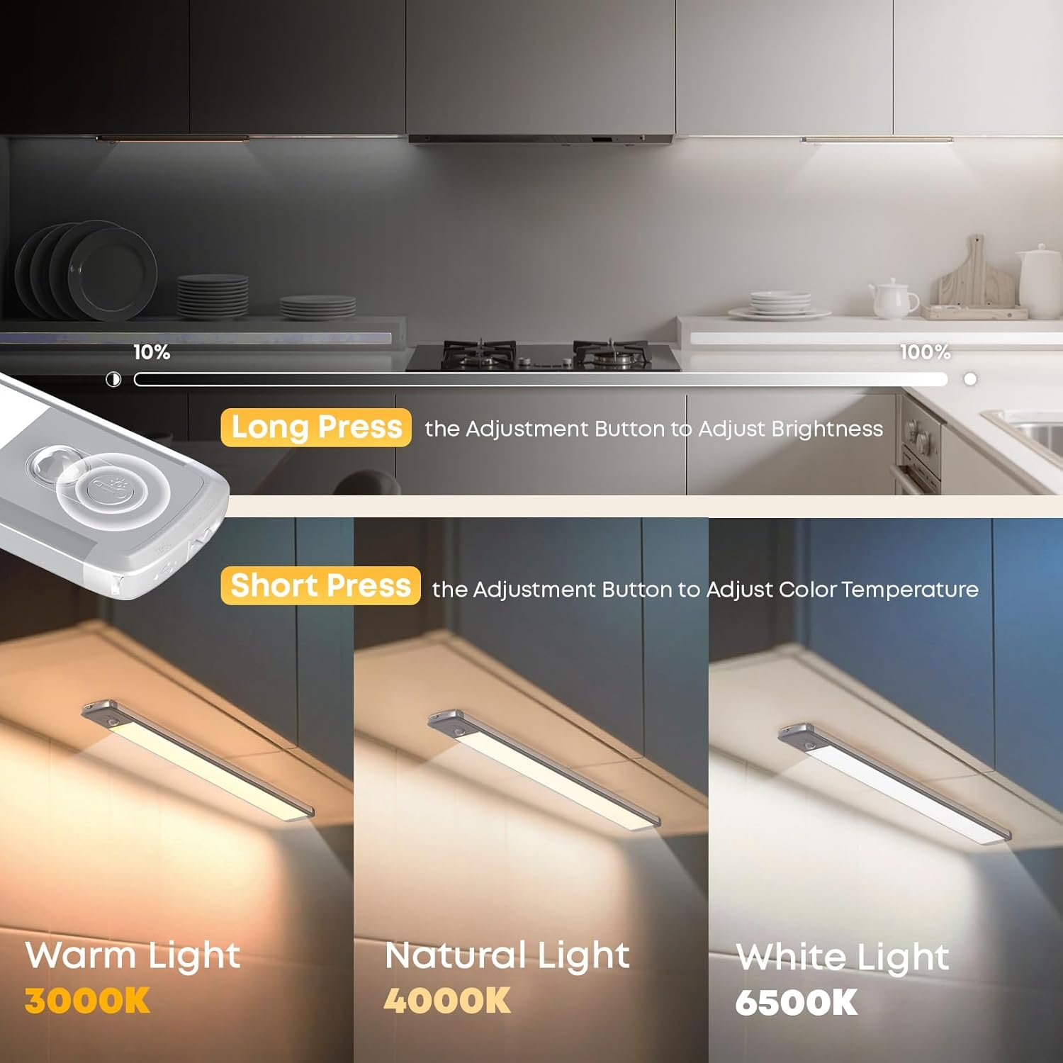 TANSOOL+ Cabinet Lighting LED Lamp with Motion Sensor Indoor - 3 Colour Modes Dimmable USB-C Cabinet Light Under-Unit Light Kitchen Light for Kitchen, Stairs, Cupboard - 30 Cm, Pack of 2 image number 4