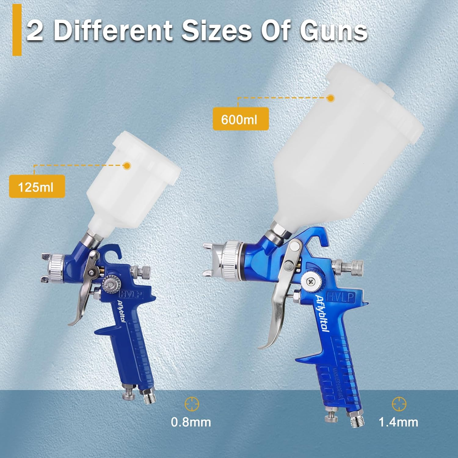 HVLP Air Gravity Spray Gun Set, Aflybltol 2 Pcs Sprayer Paint Gun Kit,1.4Mm 600Ml&0.8Mm 125Ml Automotive Paint Gun with Locking Air Pressure Regulator Gauge Paint Sprayer Gun for Car Painting(Blue) image number 5